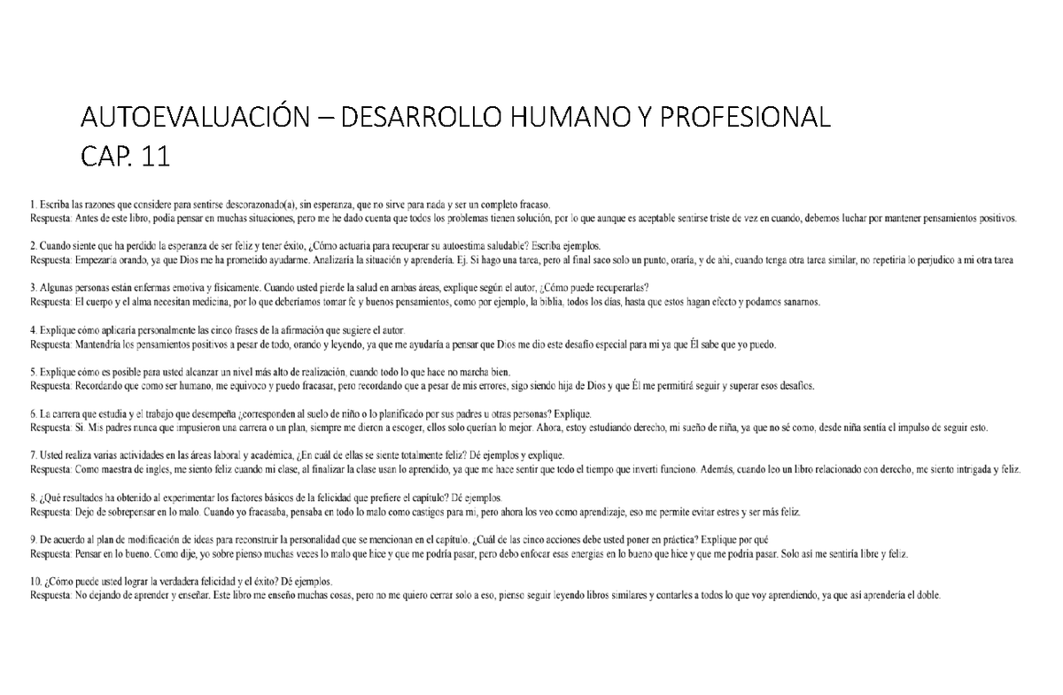 Autoevaluación - CAP 11 - Desarrollo Humano y Profesional I