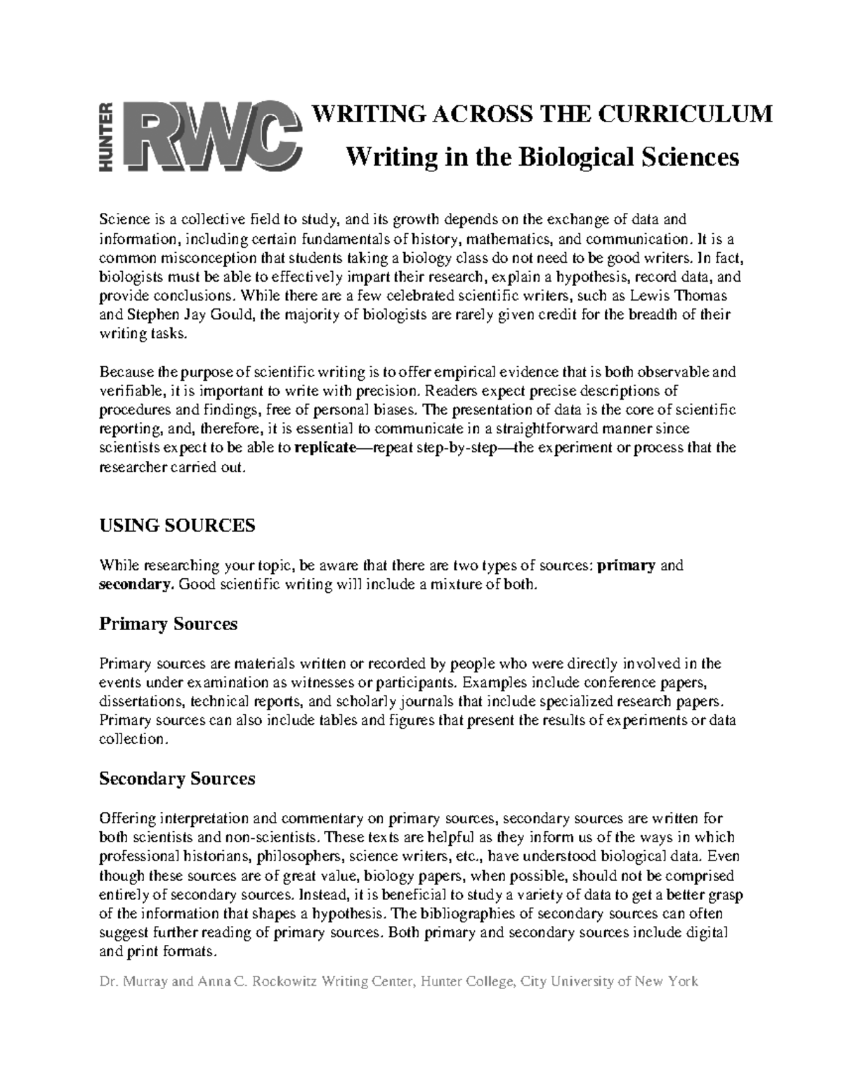 Writing In The Biological Sciences - WRITING ACROSS THE CURRICULUM ...