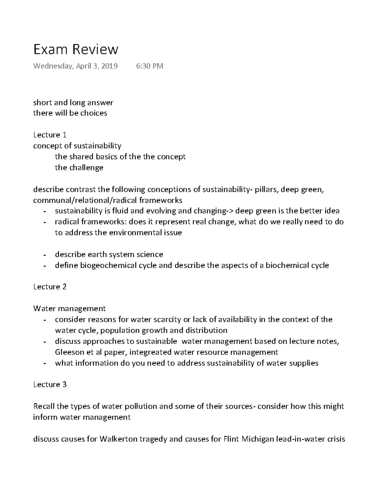 Exam Review - Exam Review Wednesday, April 3, 2019 6:30 PM short and ...