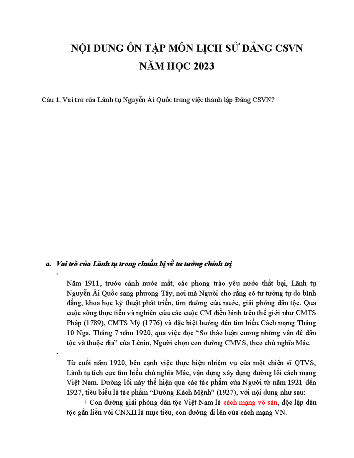 LSDD - Đề cương - NỘI DUNG ÔN TẬP MÔN LỊCH SỬ ĐẢNG CSVN NĂM HỌC 2023 ...