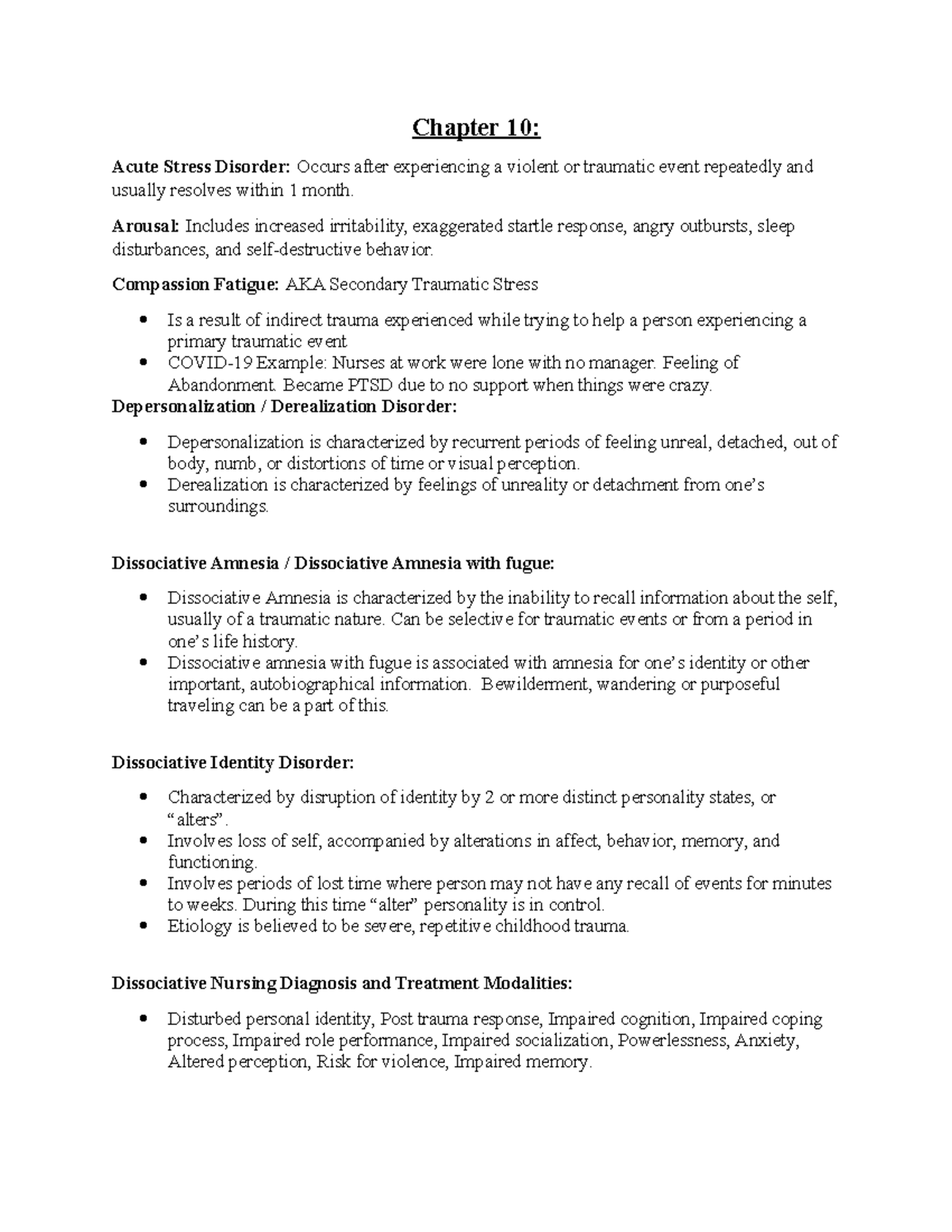Study Guide Mental Health (Test 2) - Chapter 10: Acute Stress Disorder ...