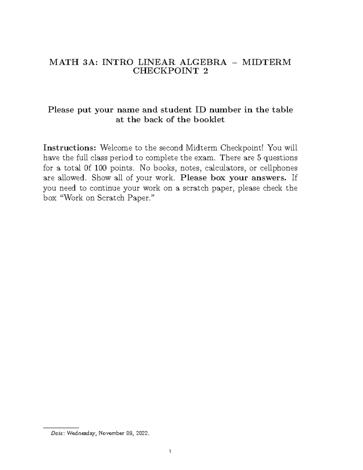 Practice Midterm Checkpoint 2 - MATH 3A: INTRO LINEAR ALGEBRA − MIDTERM ...