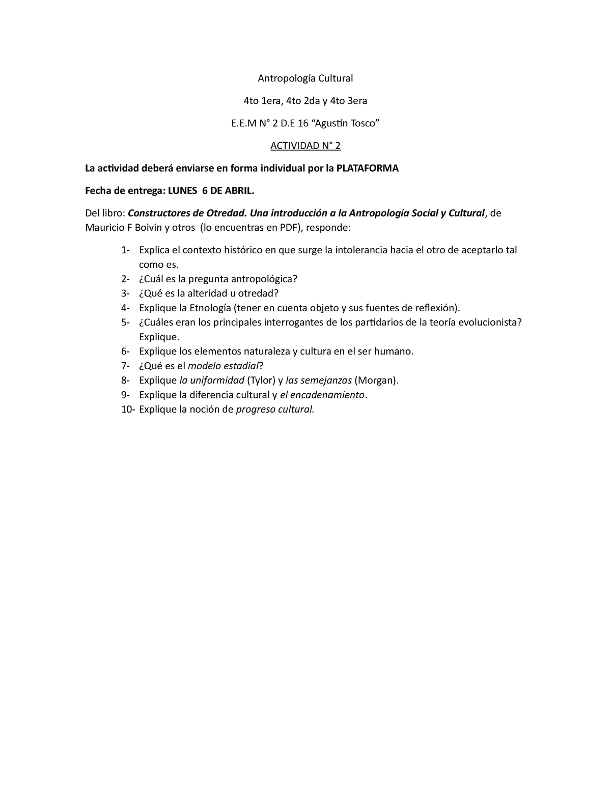 Activida N° 2 Antropología Cultural - Antropología Cultural 4to 1era ...