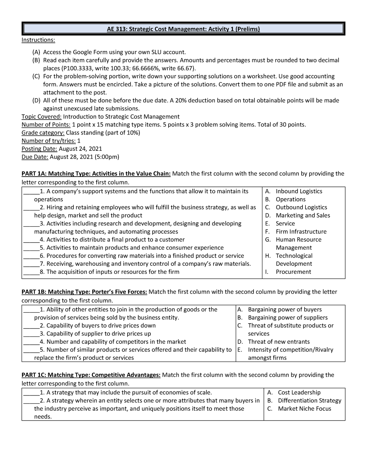 313 Activity 1 Questions - **AE 313: Strategic Cost Management ...