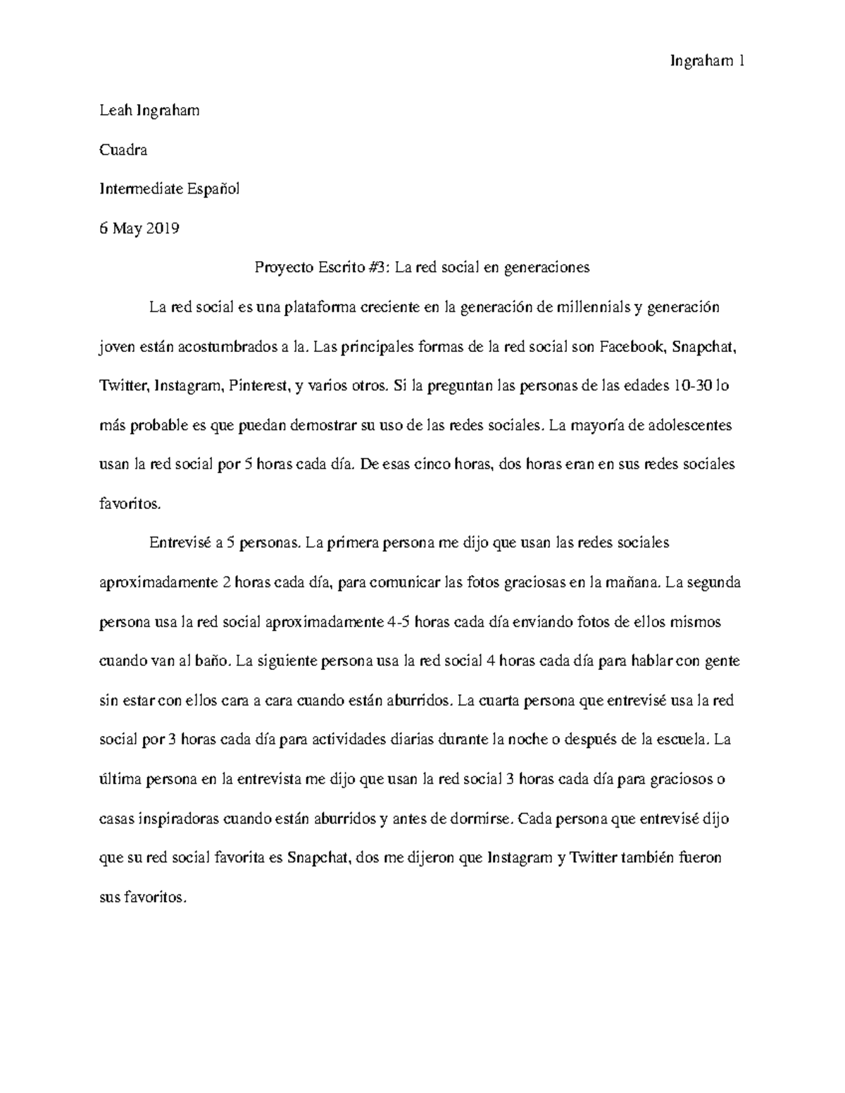 Proyecto Escrito - This essay in spanish is about social media between ...