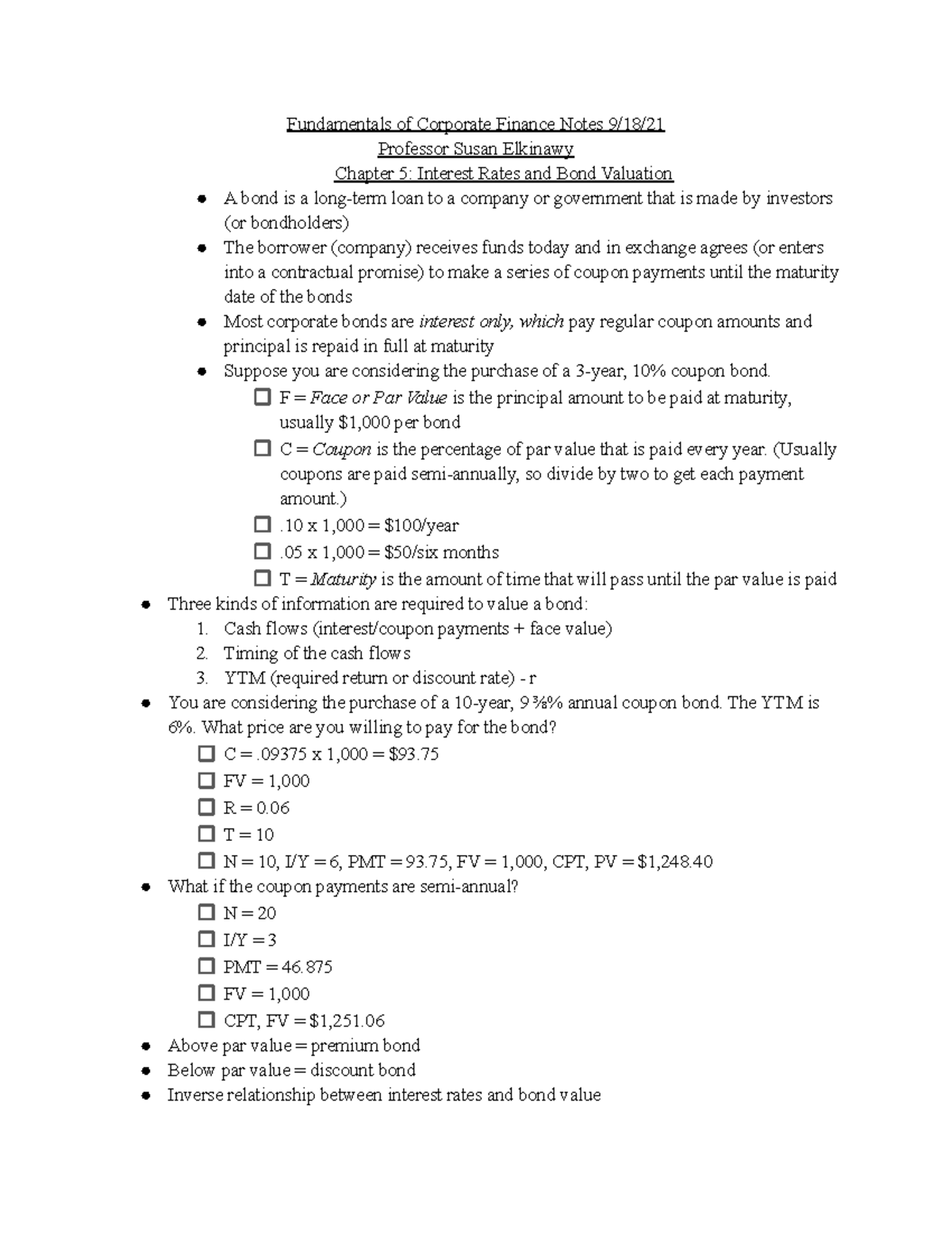 Fundamentals of Corporate Finance Notes 9/18/21 - F = Face or Par Value ...