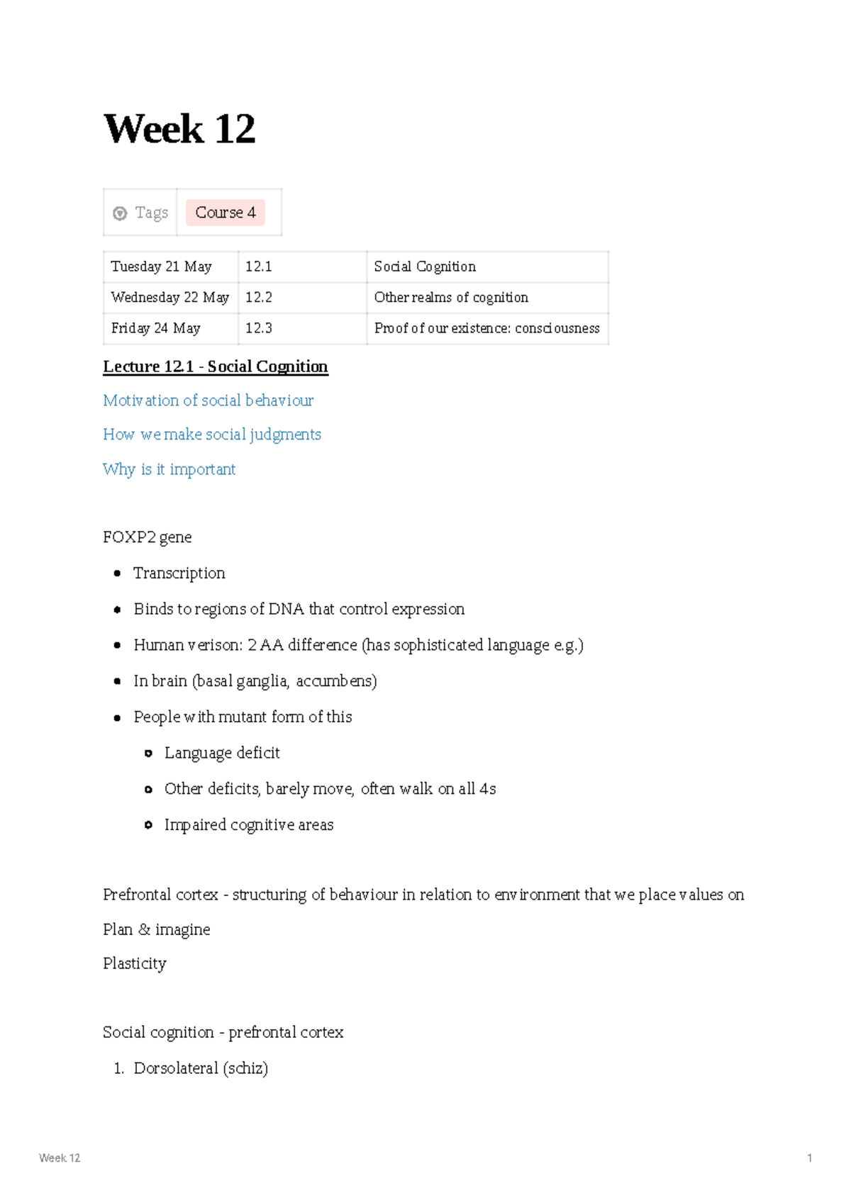 NEUR30003 Lecture notes week 12 - Week 12 Tags Course 4 Tuesday 21 May ...
