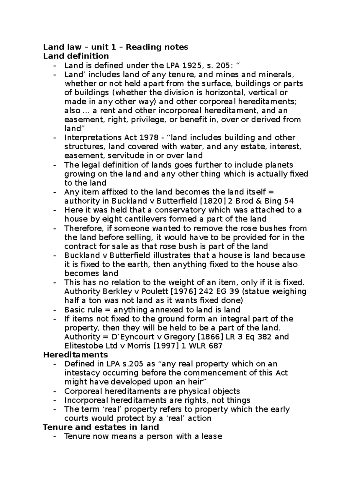 Land law reading unit 1 Land law unit 1 Reading notes Land definition Land is