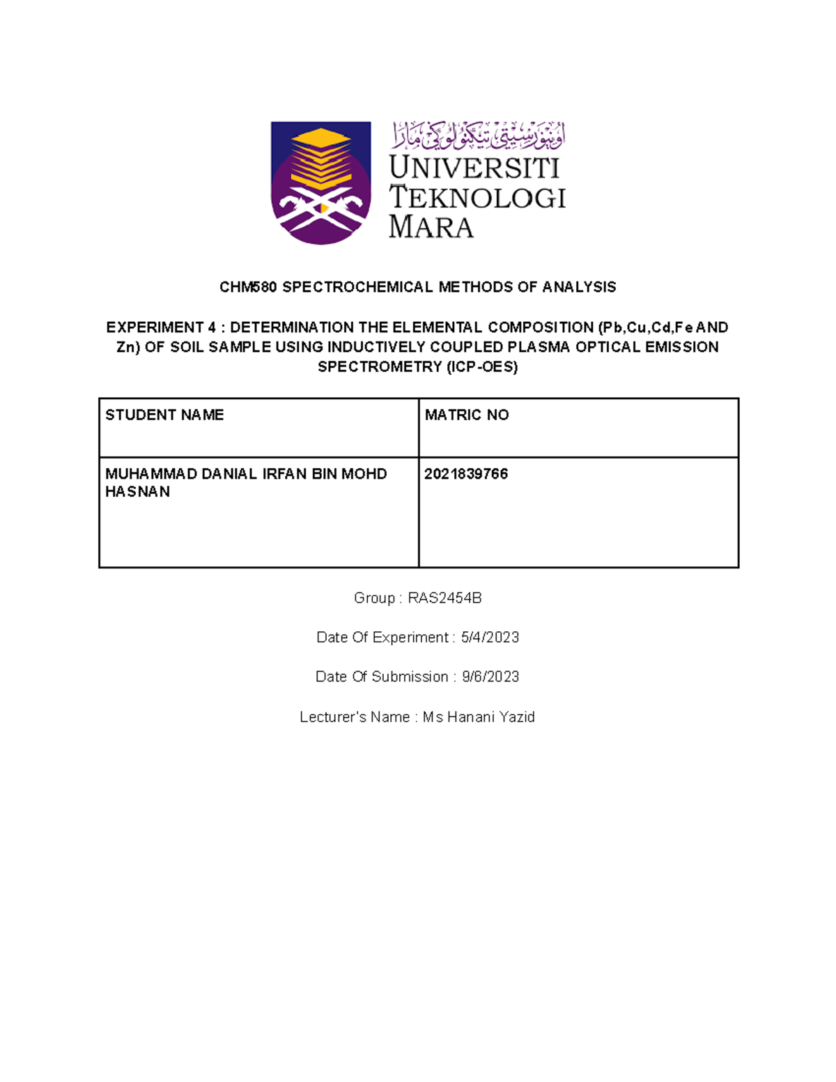 CHM580 EXP 4 - test - CHM580 SPECTROCHEMICAL METHODS OF ANALYSIS ...