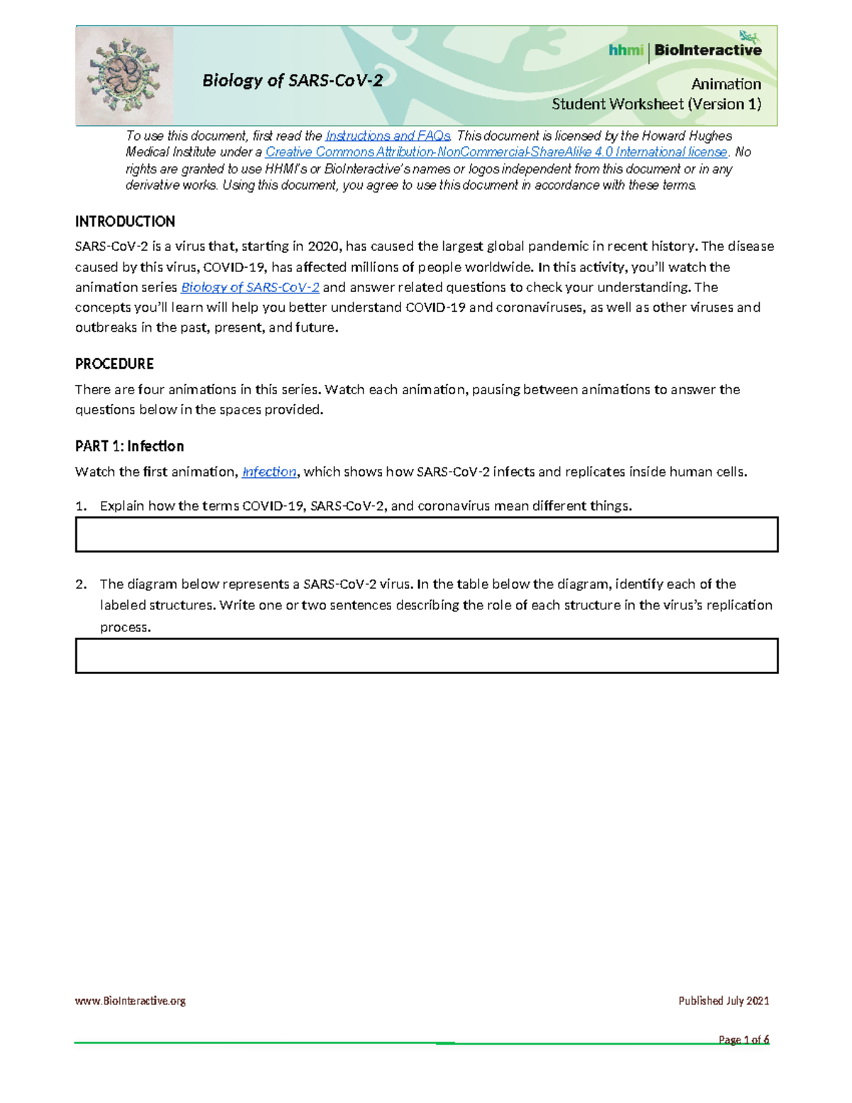 Coronavirus Worksheet - Biology of SARS-CoV-2 Animation Student ...