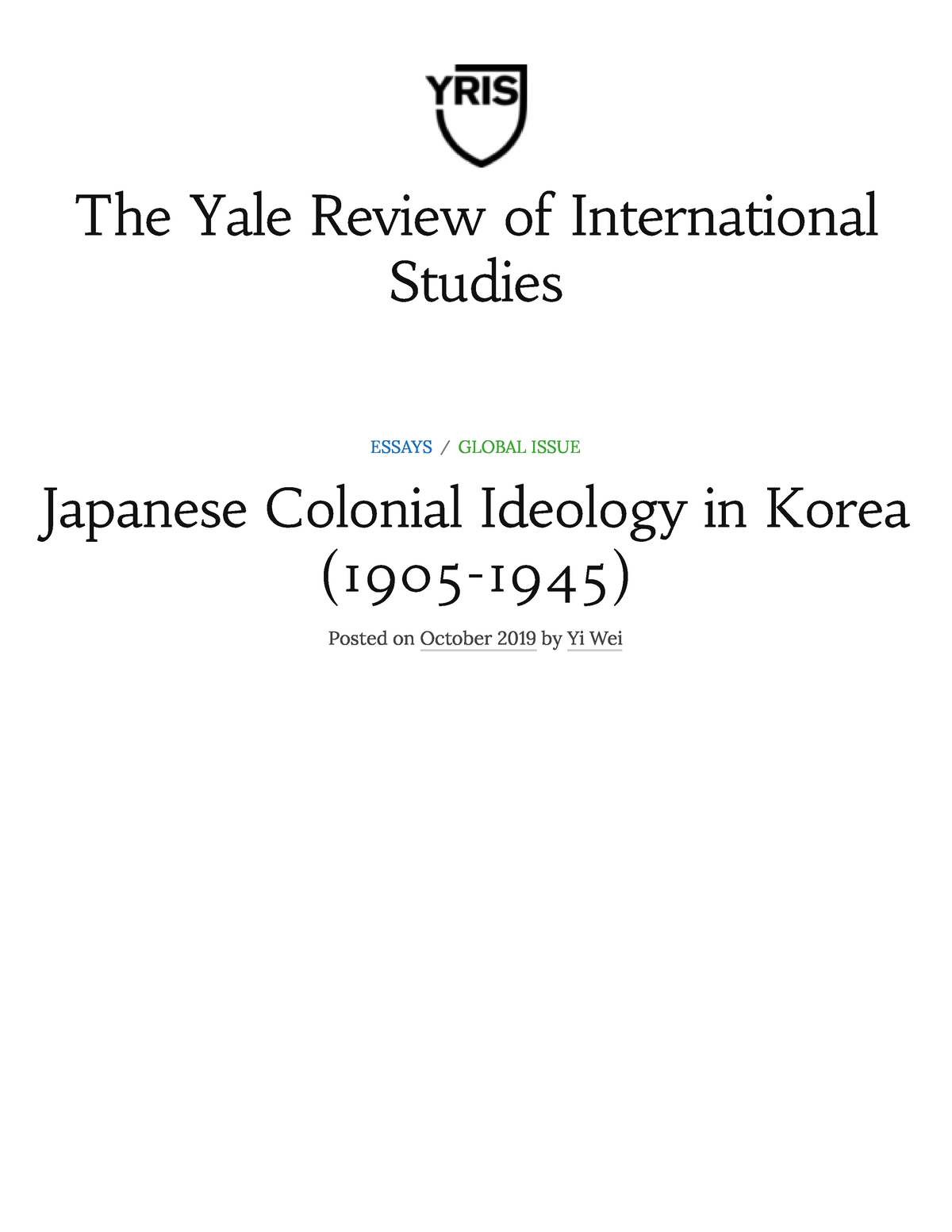 yale review of international studies high school essay contest