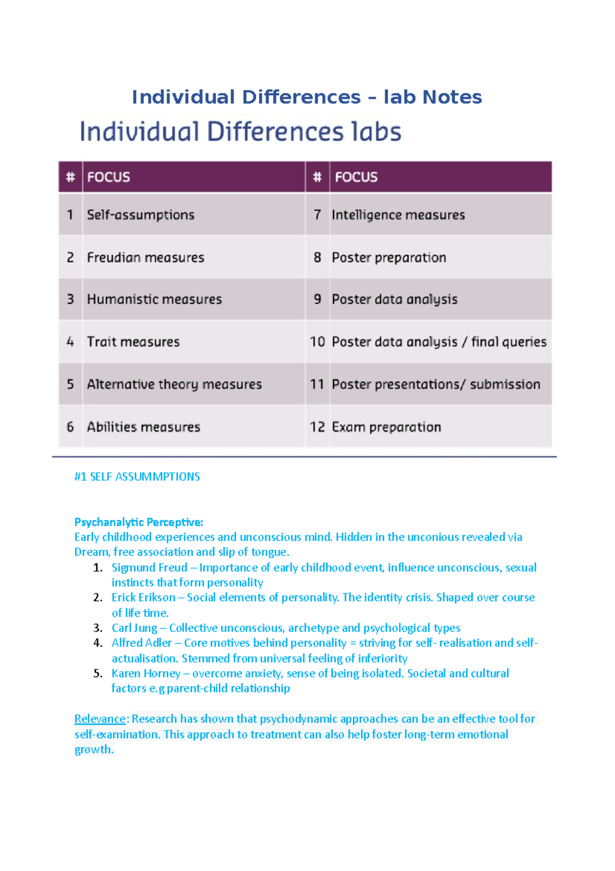 Individual Differences LAB - Individual Differences – Lab Notes #1 SELF ...