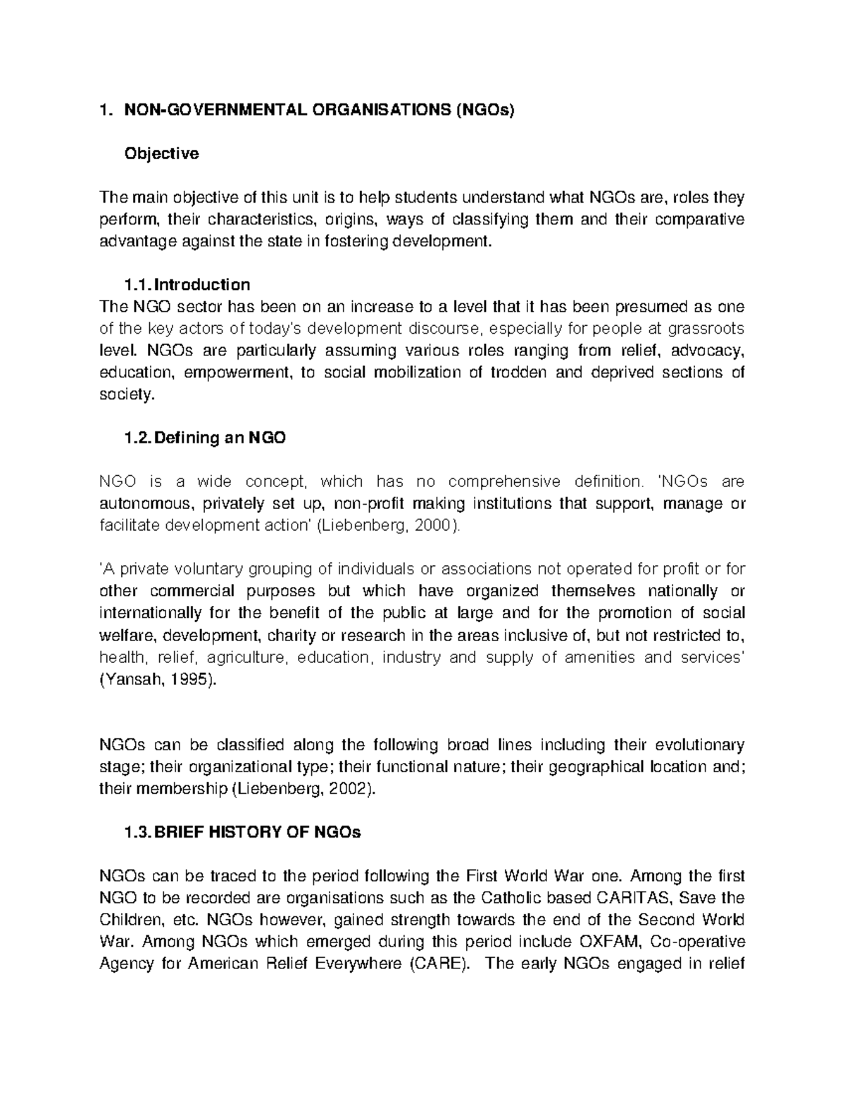 Dev 1150 Notes NGOs - For first years - 1. NON-GOVERNMENTAL ...