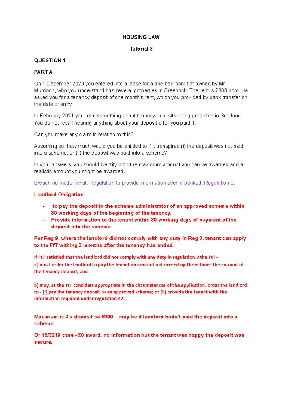 Tutorial 3 Successios, Deposits, Rent HOUSING LAW Tutorial 3 QUESTION