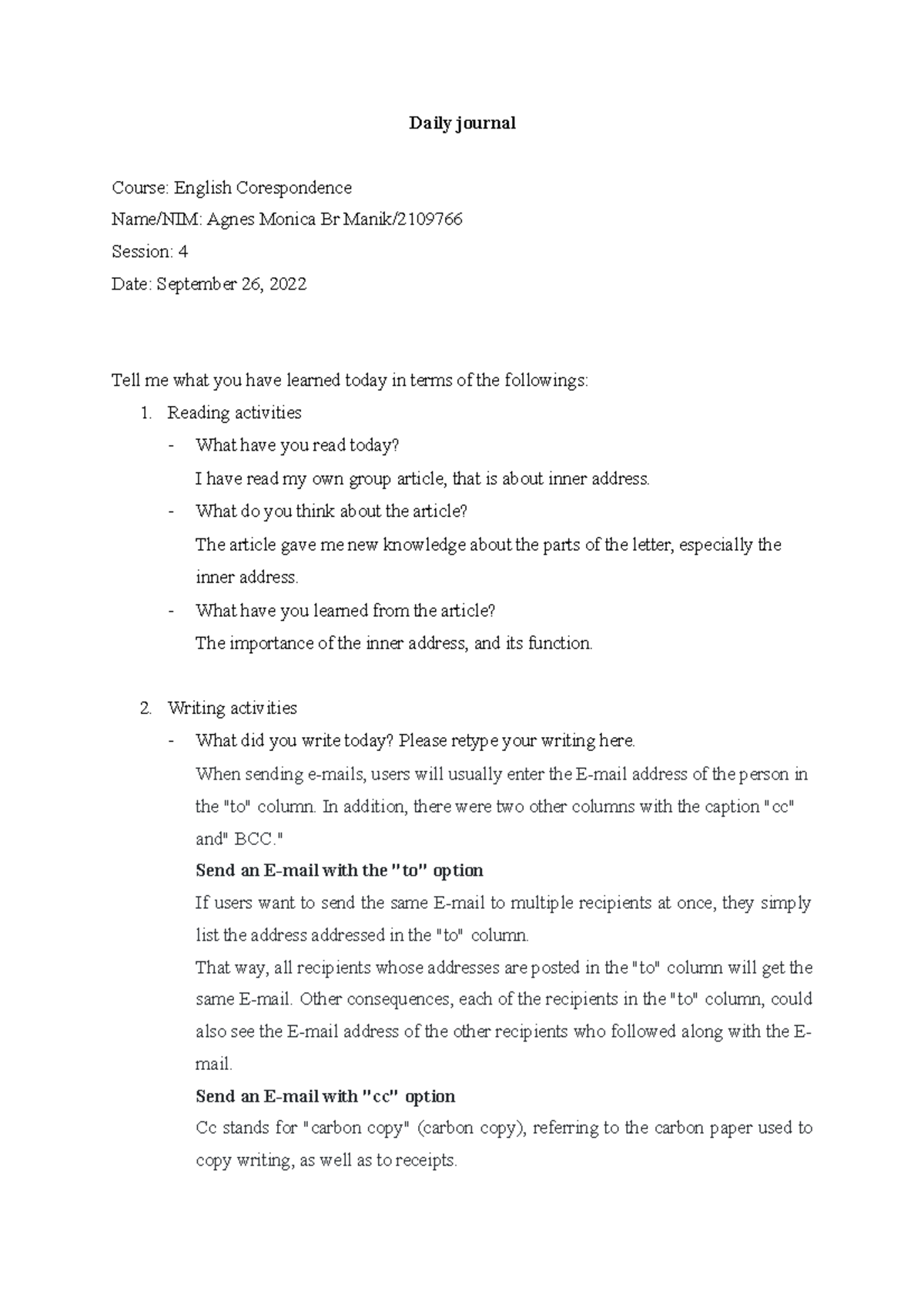 Daily journal at English Course to reflect student's understanding ...