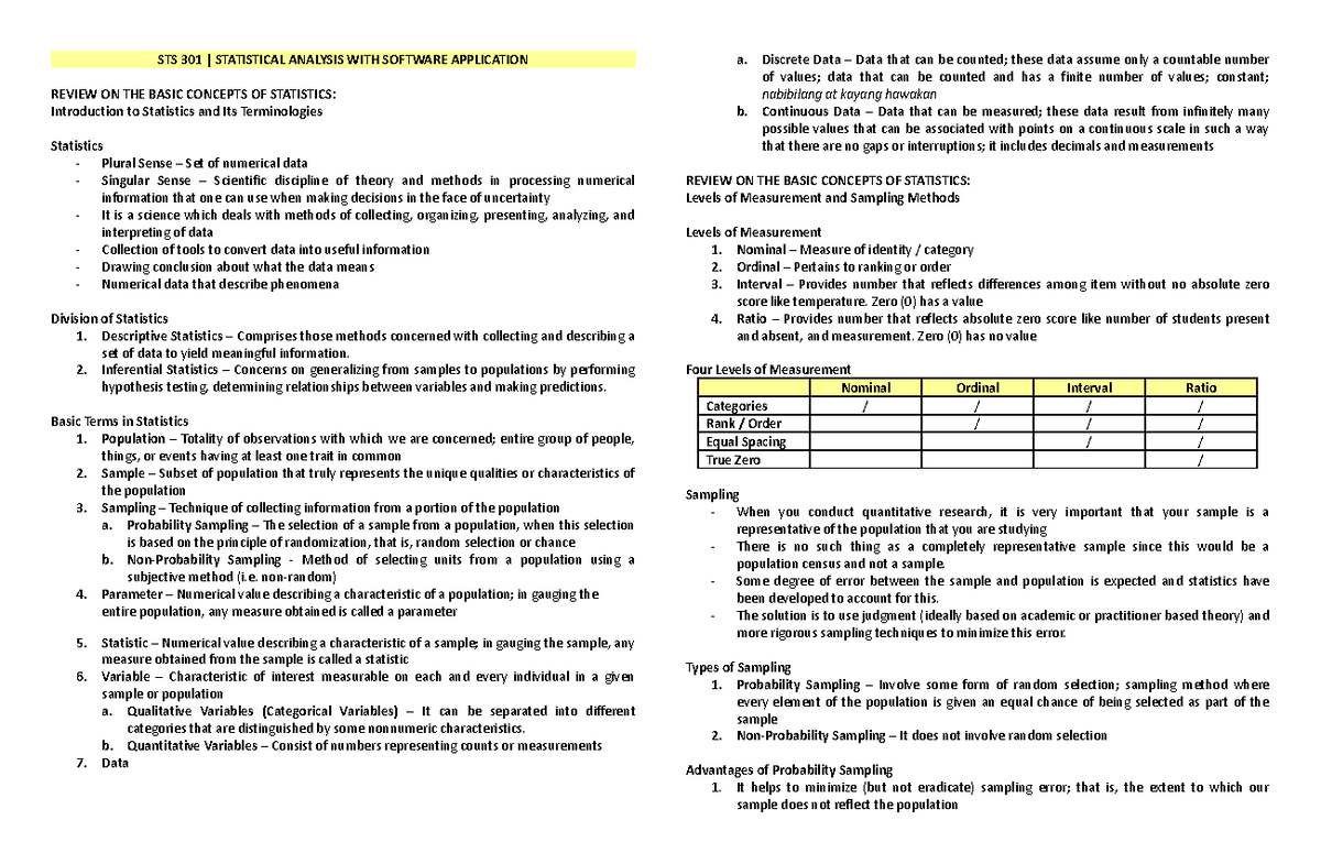 STS 301 - Statistical Analysis with Software Application - STS 301 ...