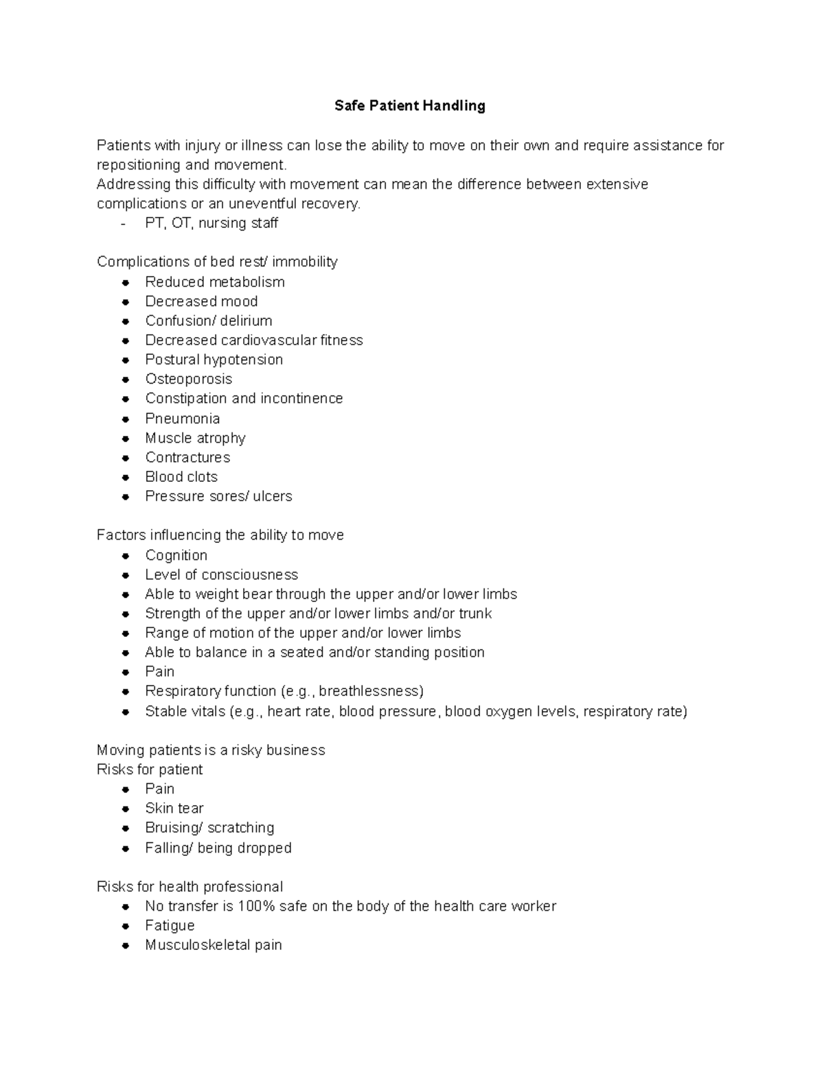 Safe Patient Handling Teacher name Amy Combers Safe Patient