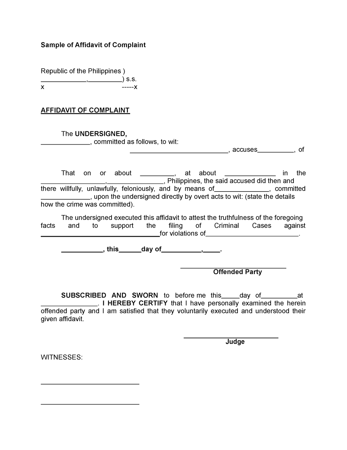 Affidavit-of-complaint - Sample of Affidavit of Complaint Republic of ...