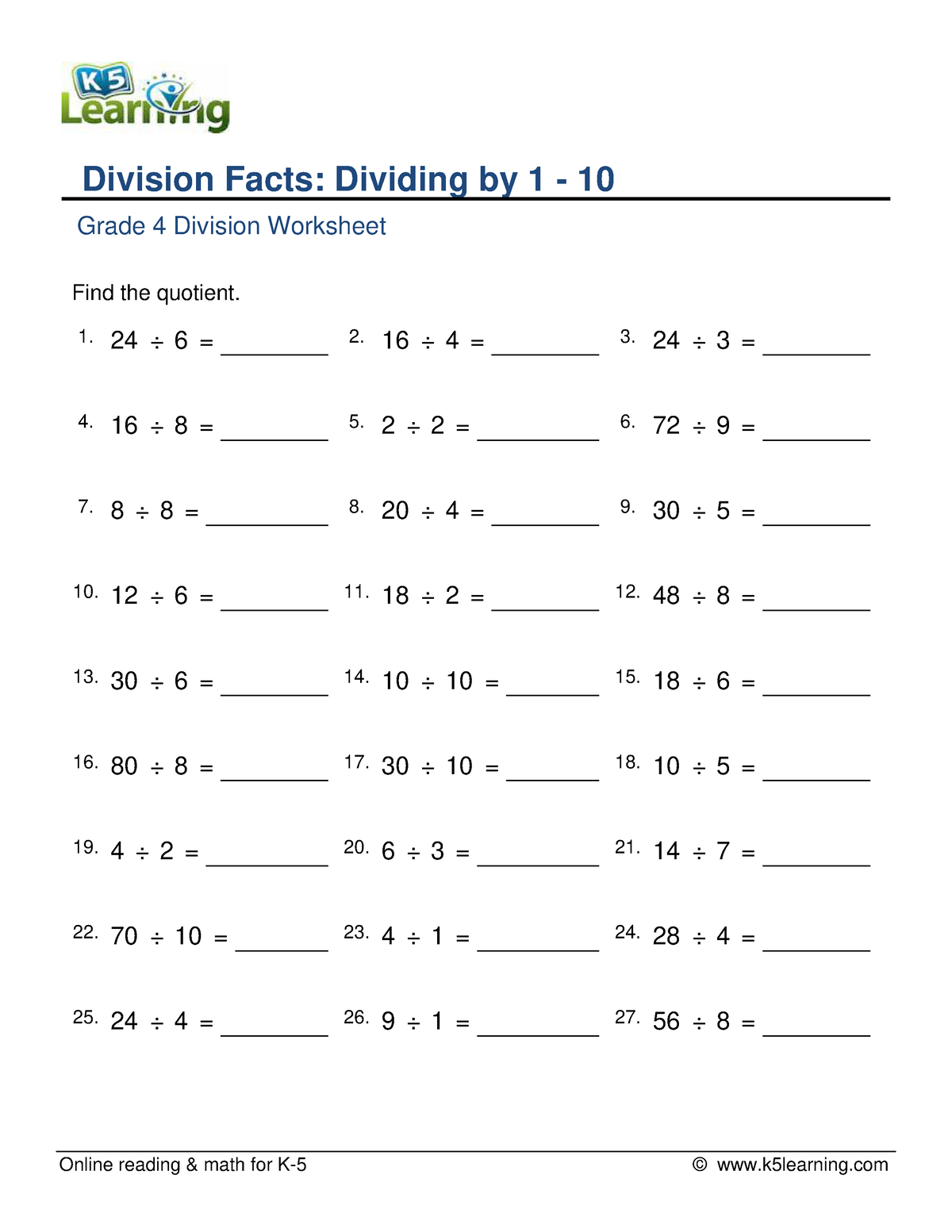 Grade 4 division facts 1 to 10 a - Online reading & math for K-5 ...