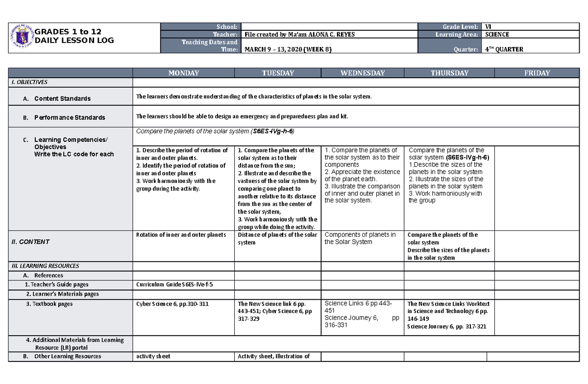 DLL Science 6 Q4 W8 - GRADES 1 to 12 DAILY LESSON LOG School: Grade ...