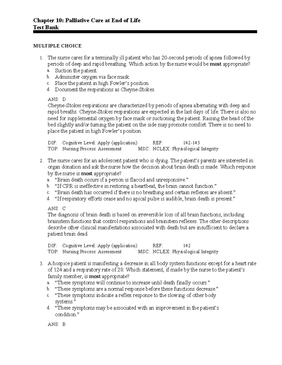 Ch10 - Practice Questions - Chapter 10: Palliative Care at End of Life ...