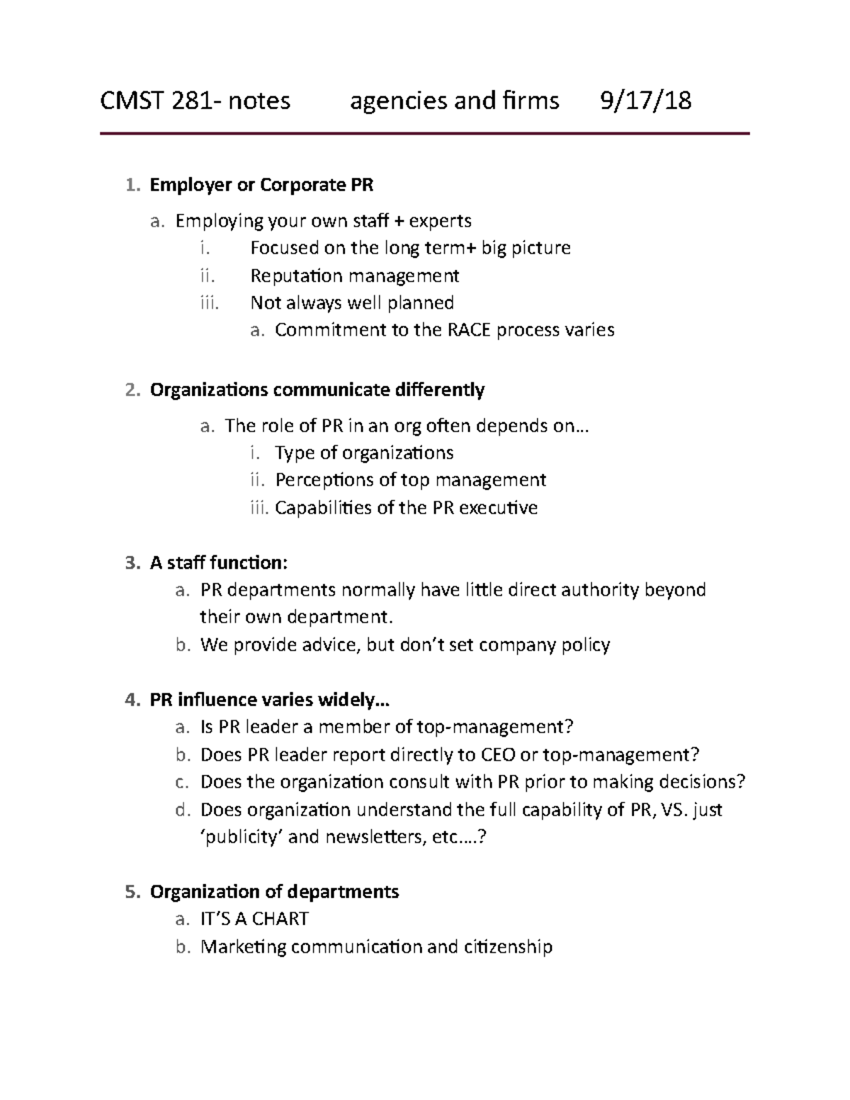 CMST 281 notes 91718 CMST 281 notes agencies and firms 9/17/18 1