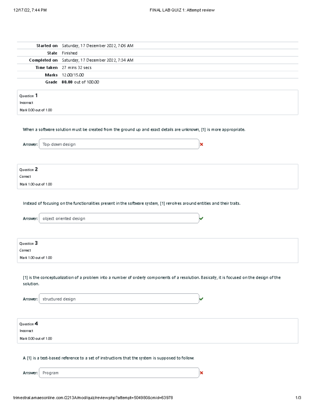 Final LAB QUIZ 1 Attempt review - 12/17/22, 7:44 PM FINAL LAB QUIZ 1 ...
