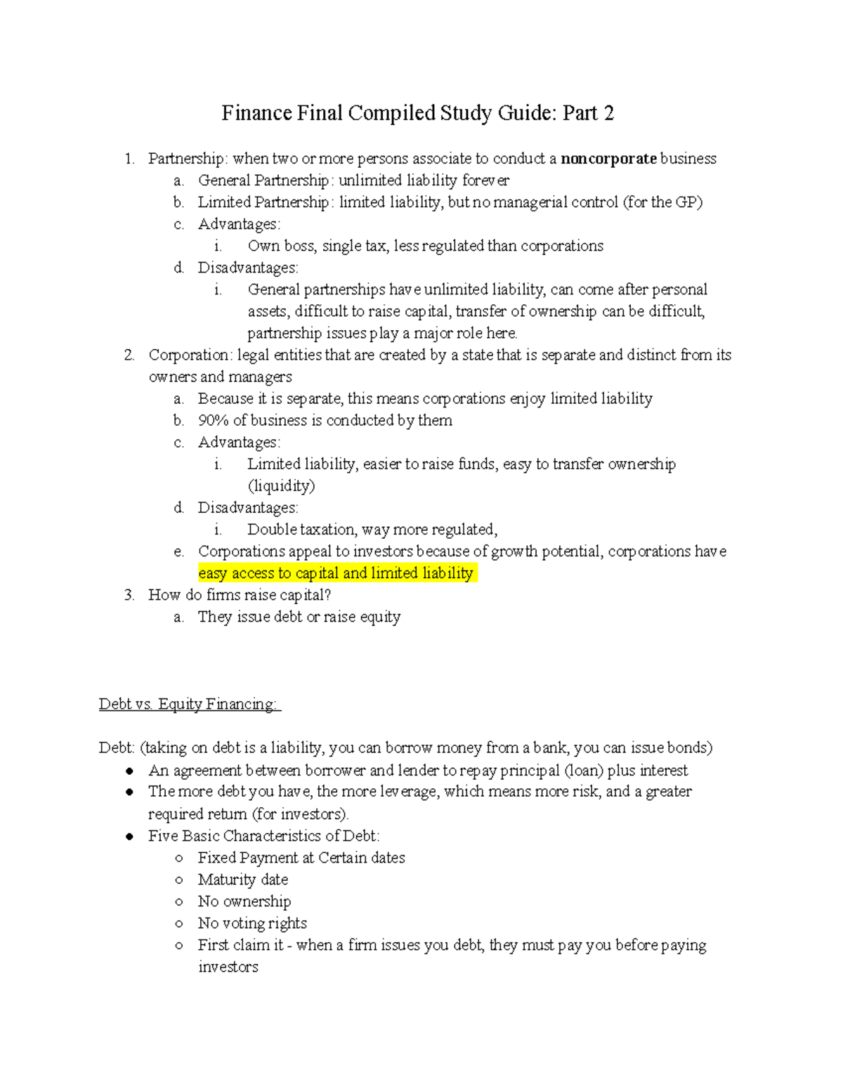 Finance Final Compiled Study Guide Part 2 - General Partnership ...