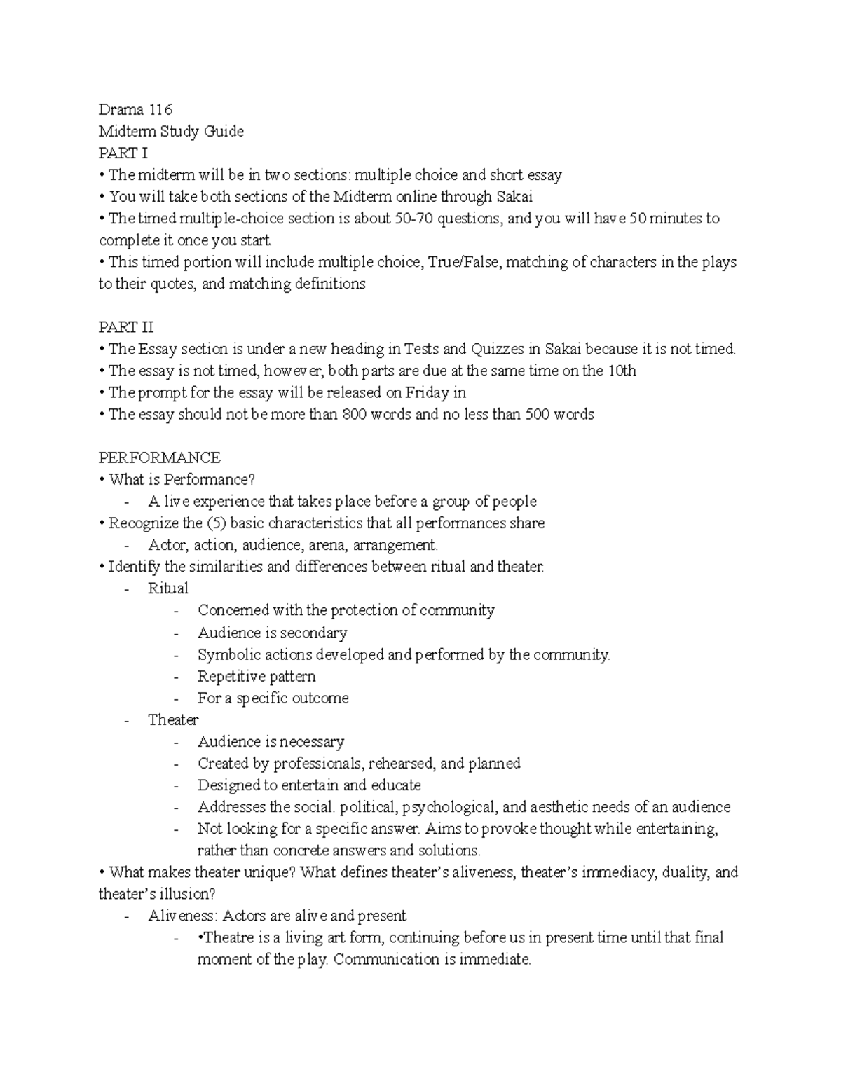DRAM 116 - Midterm Study Guide - Drama 116 Midterm Study Guide PART I ...