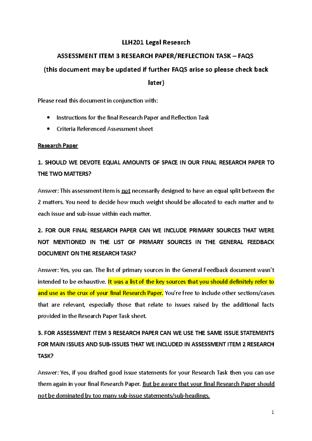 Research Paper Reflection Task FAQs - LLH201 Legal Research ASSESSMENT ...