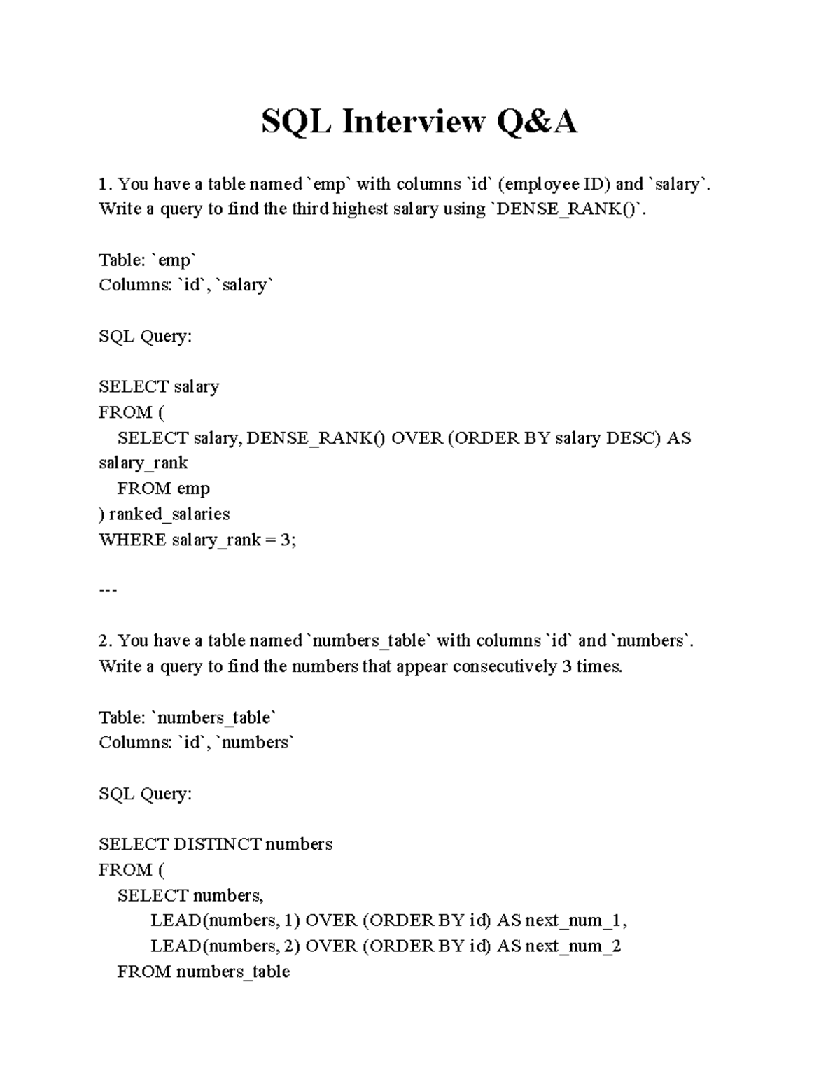 SQL Interview Q&A - SQL Interview Q&A You have a table named emp with ...