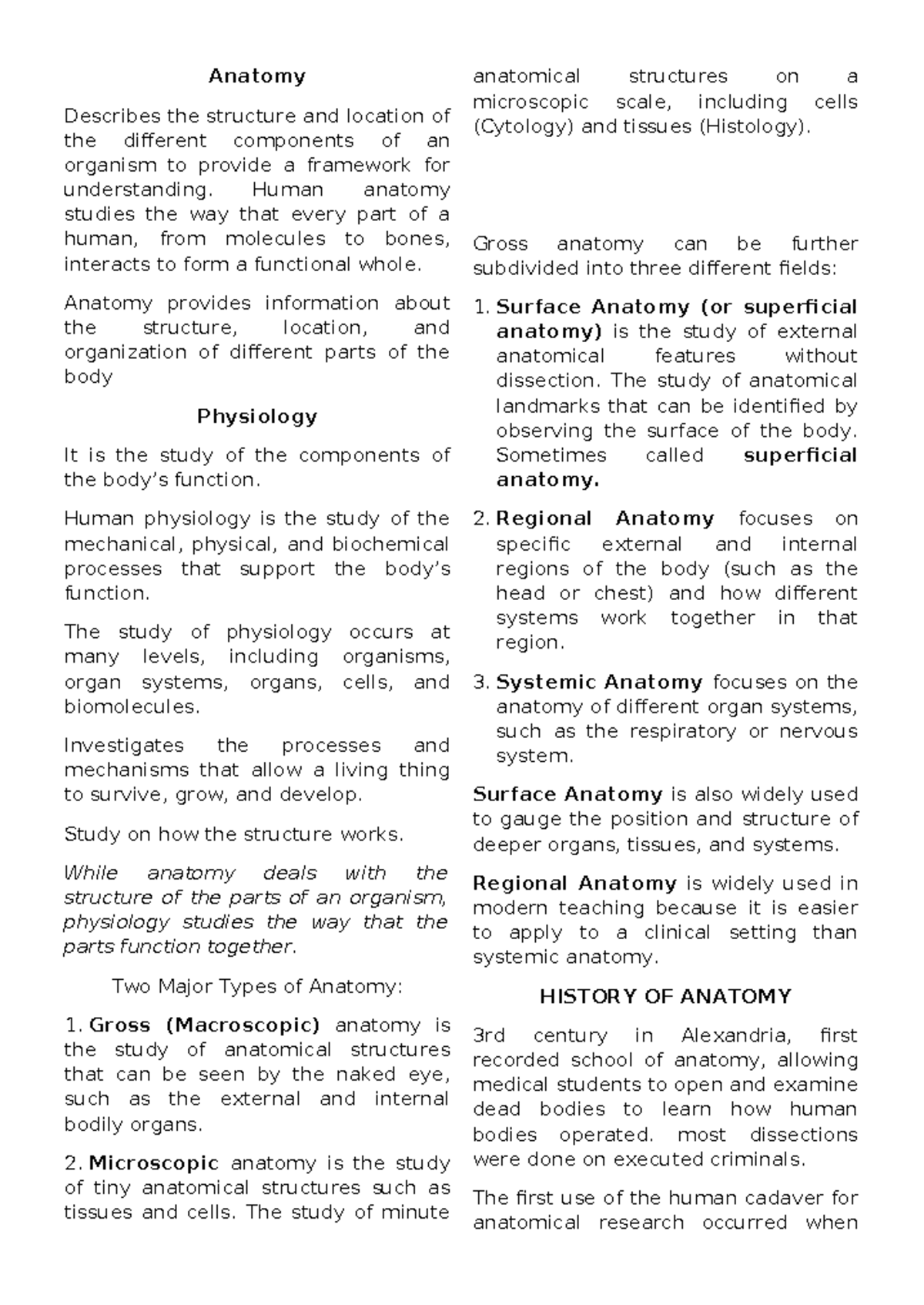Anatomy and Physiology Notes - Anatomy Describes the structure and ...