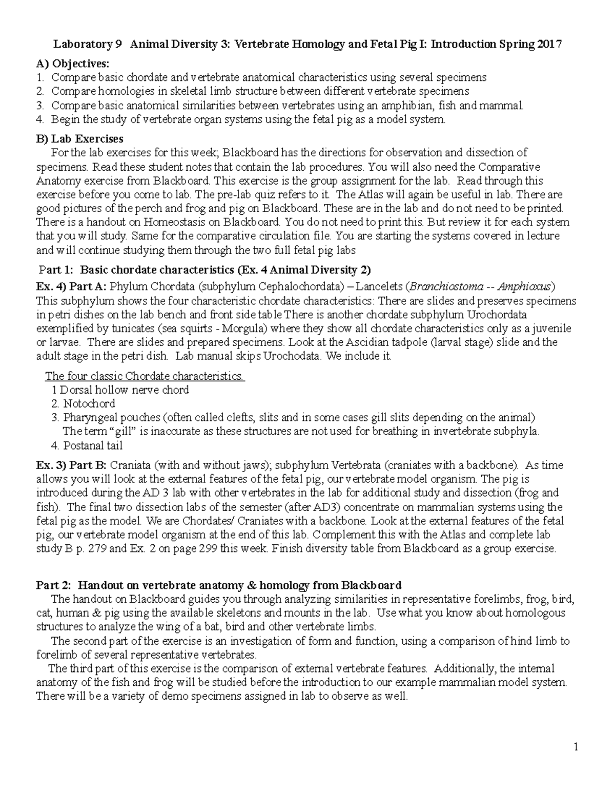 Laboratory 9 Animal Diversity 3 Vertebrate Homology and Fetal Pig I ...