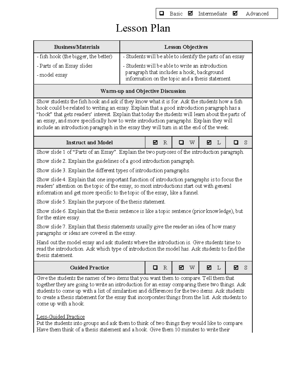 Lesson Plan Example 2 - Lesson Plan Business/Materials Lesson ...