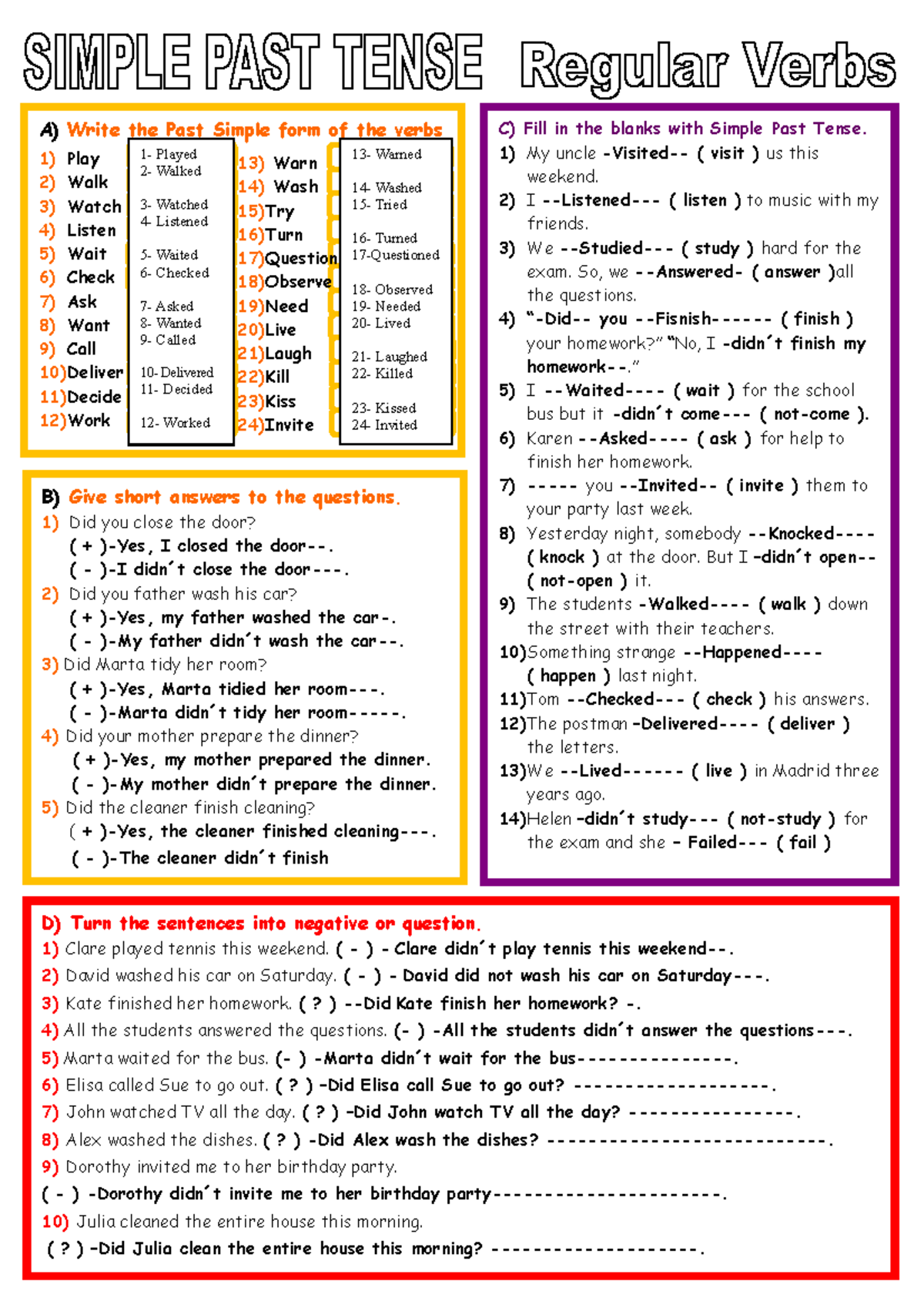 Topic 7simplepast Regular Verbs B) Give short answers to the
