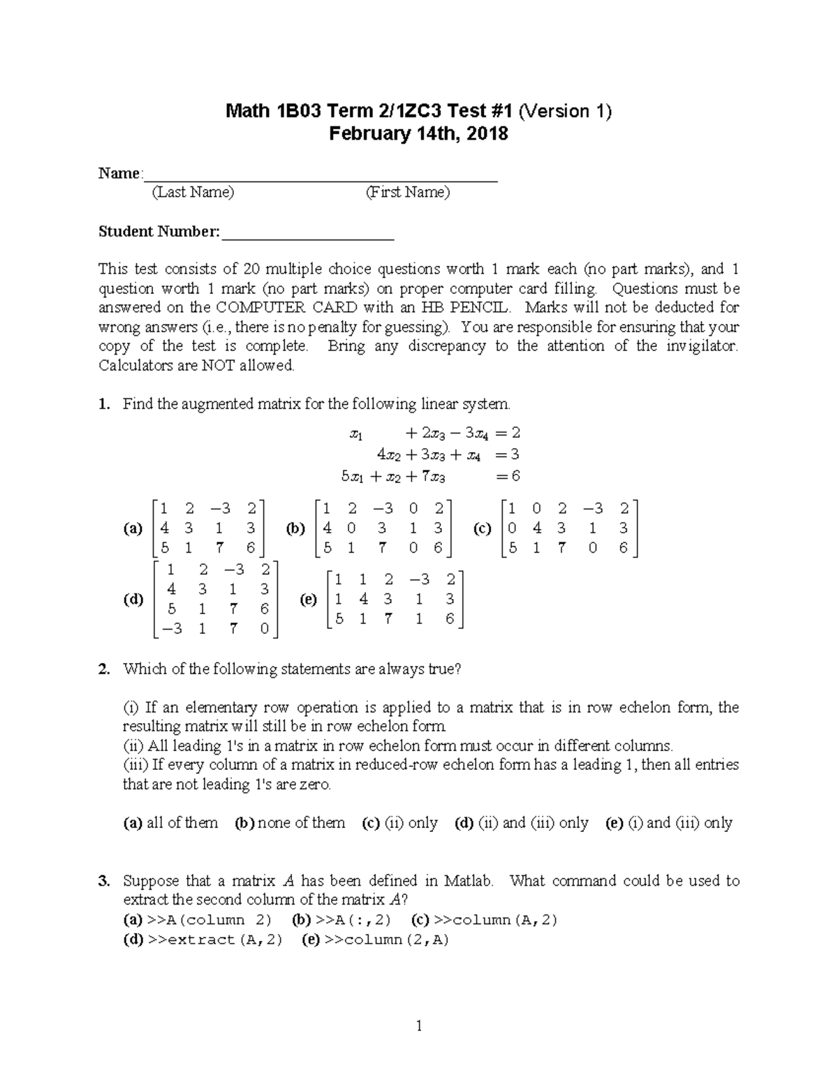 Test 1 1 January 2018, Questions And Answers - Math 1B03 Term 2/1ZC3 ...