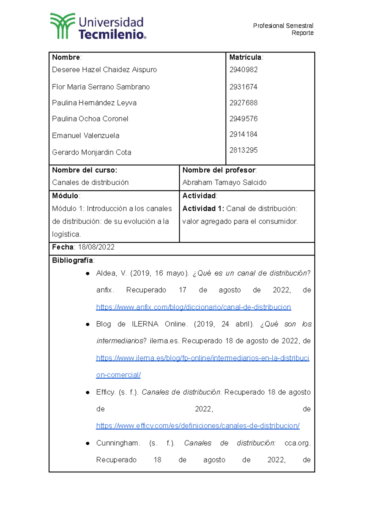 Actividad 1. Canales de distribución.docx - Reporte Nombre : Deseree ...