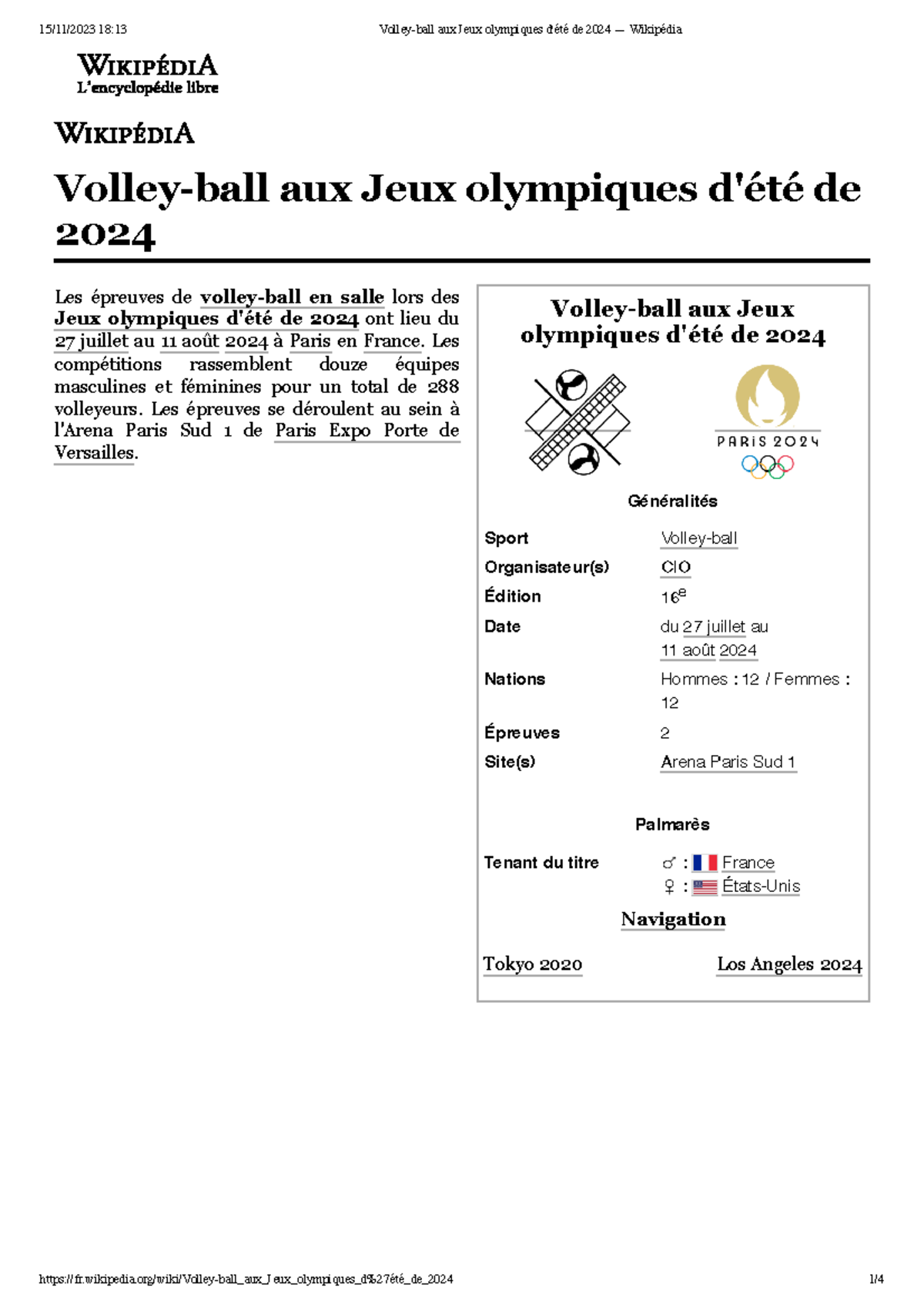 Volleyball aux Jeux olympiques d'été de 2024 — Wikipédia 15/11/2023
