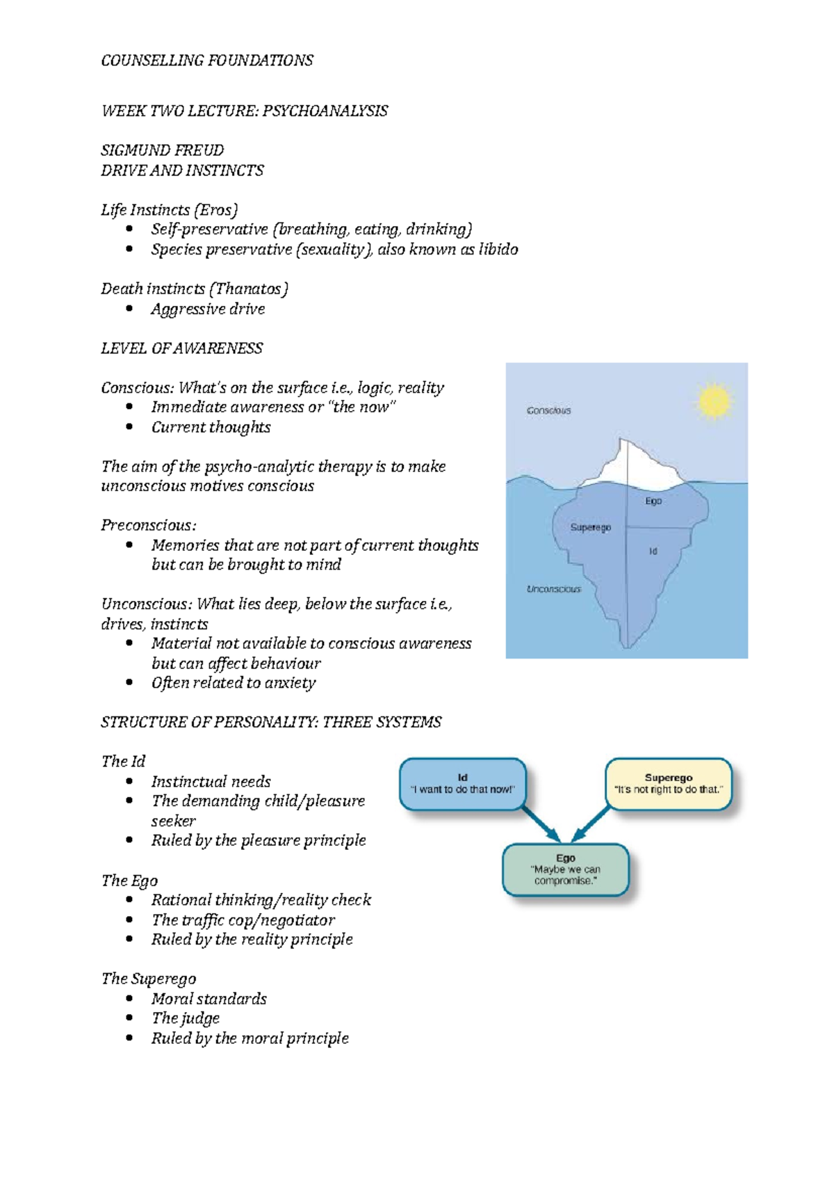 Lecture Notes - WEEK TWO LECTURE: PSYCHOANALYSIS SIGMUND FREUD DRIVE ...