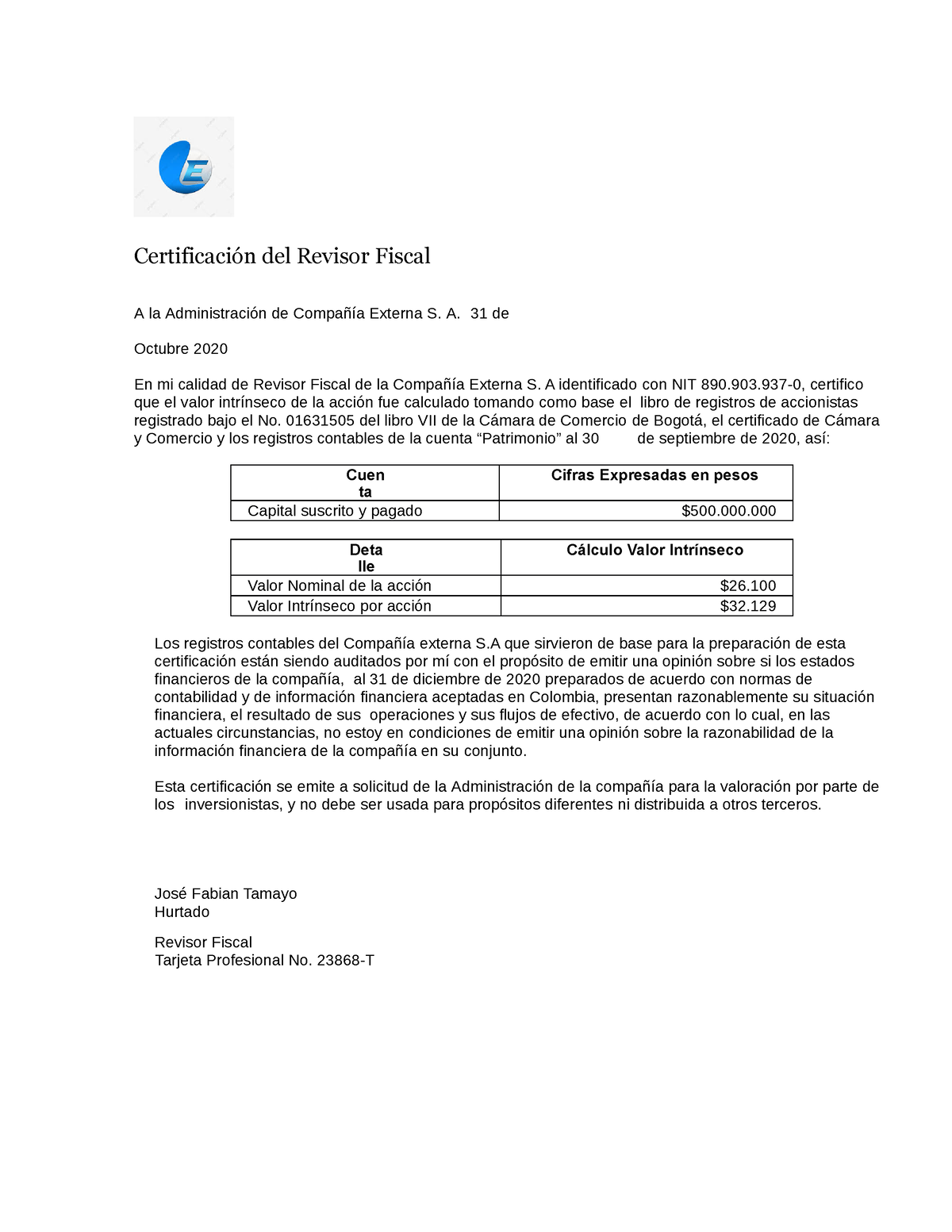 Certificado Cma Compañia Externa Sa Certificación Del Revisor