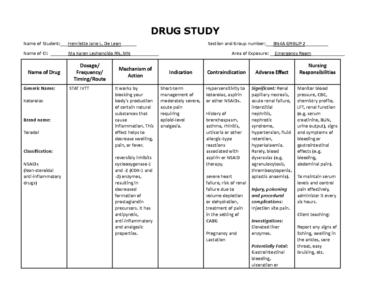 SAMPLE OF MAKING DRUG STUDY Nursing Studocu