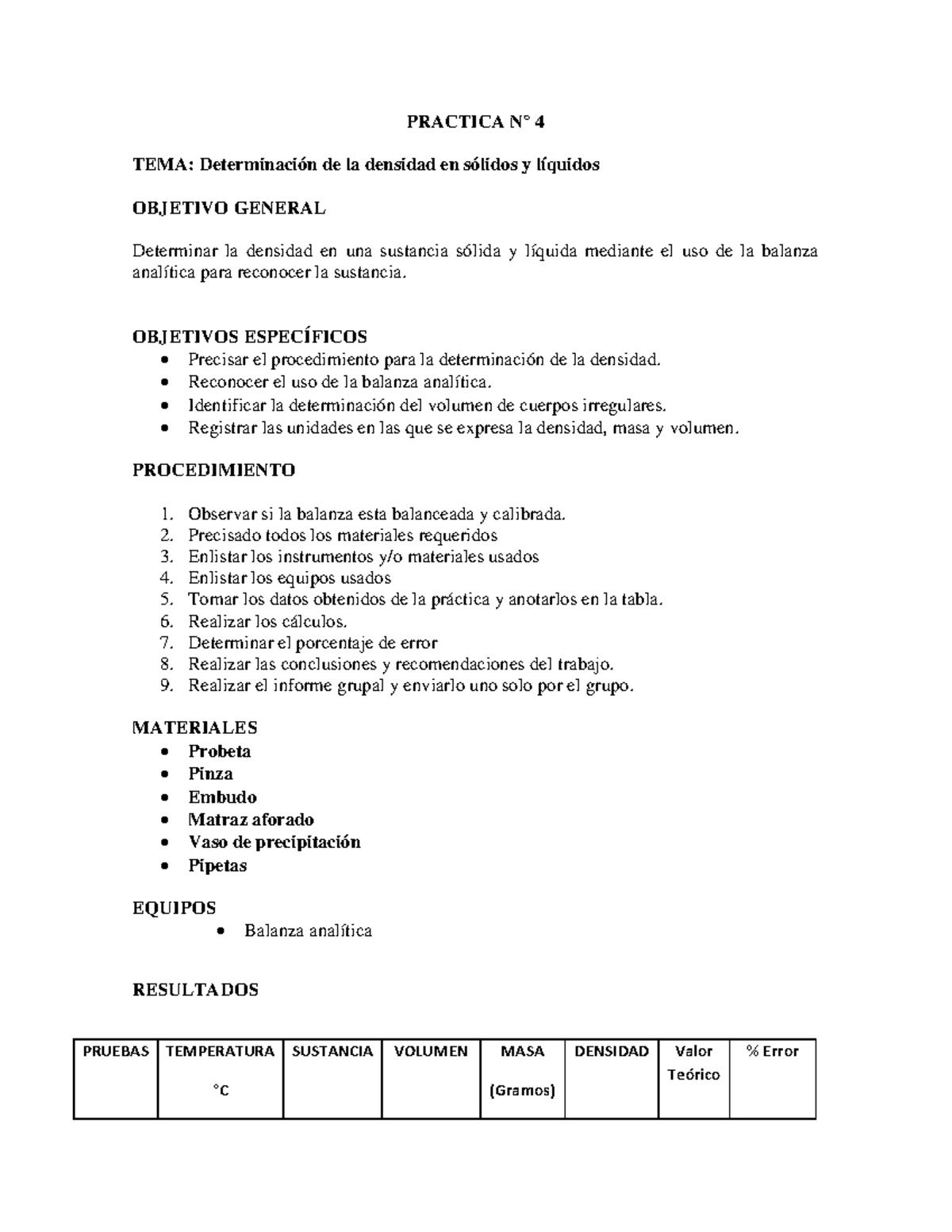 Informe Determinación De La Densidad En Sólidos Y Líquidos Química General Primer Semestre De