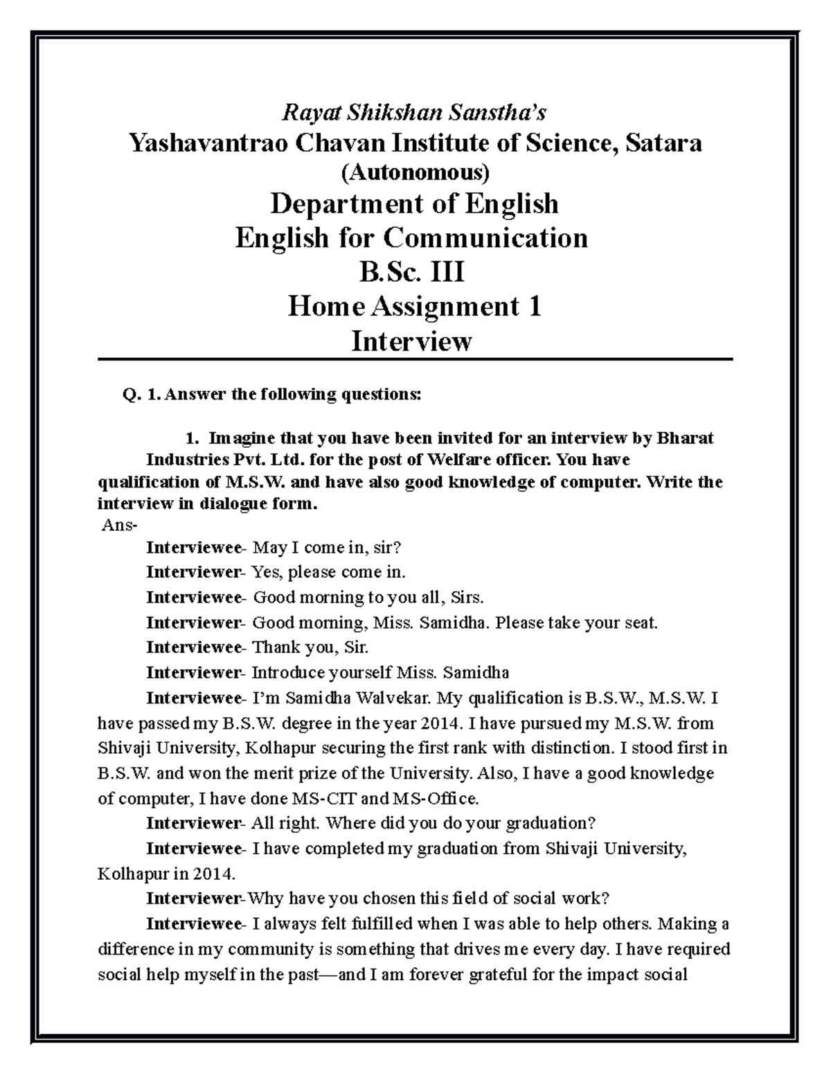 Home Assignment 1- Interview - Rayat Shikshan Sanstha's Yashavantrao Chavan  Institute of Science, - Studocu