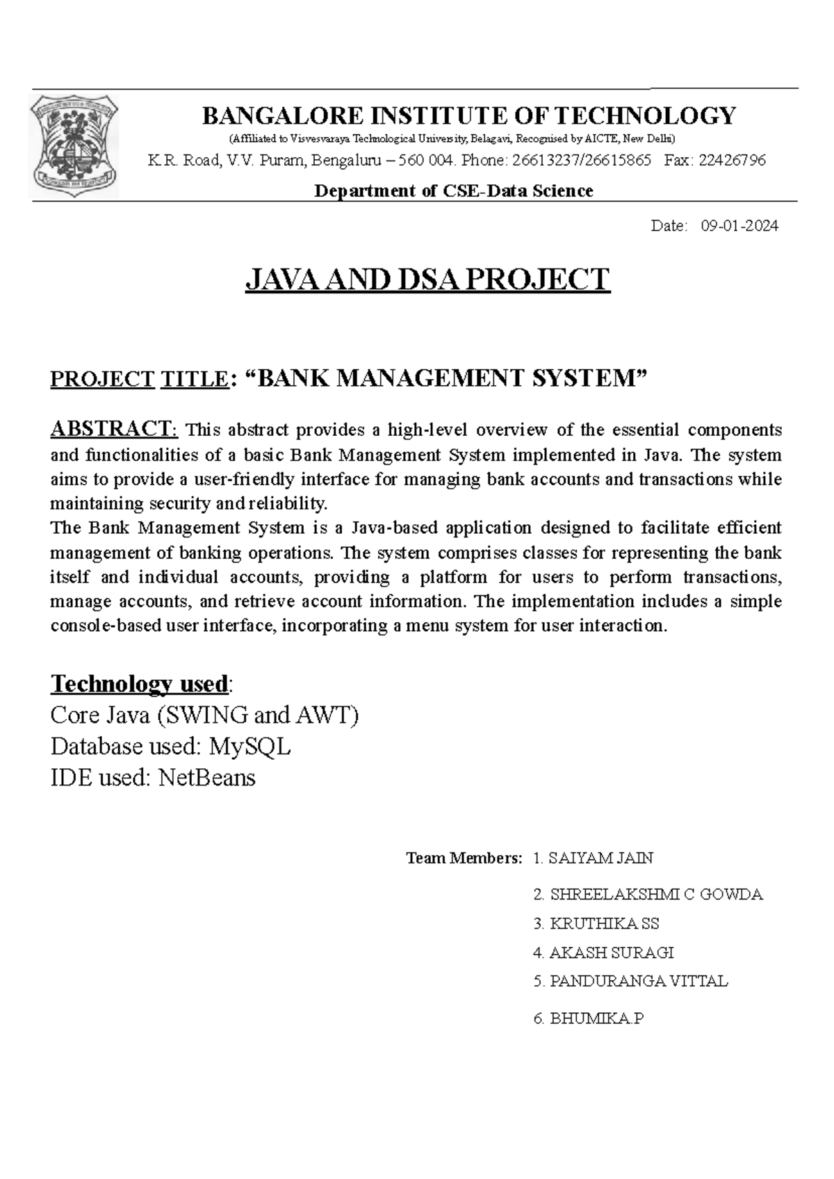 JAVA Project - zdvdvs - BANGALORE INSTITUTE OF TECHNOLOGY (Affiliated ...