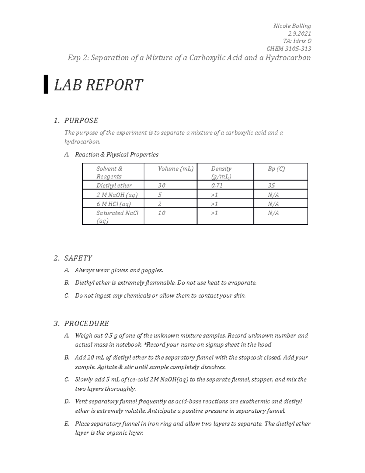 Lab 2- Separation of a Mixture of a Carboxylic Acid and a Hydrocarbon ...