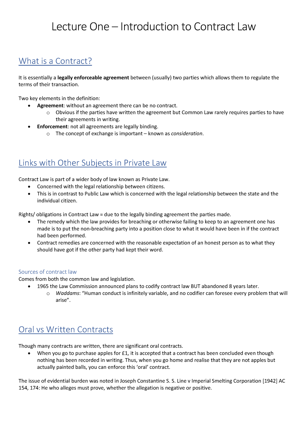 Introduction To Contract Law Lecture 1 Notes - Lecture One ...