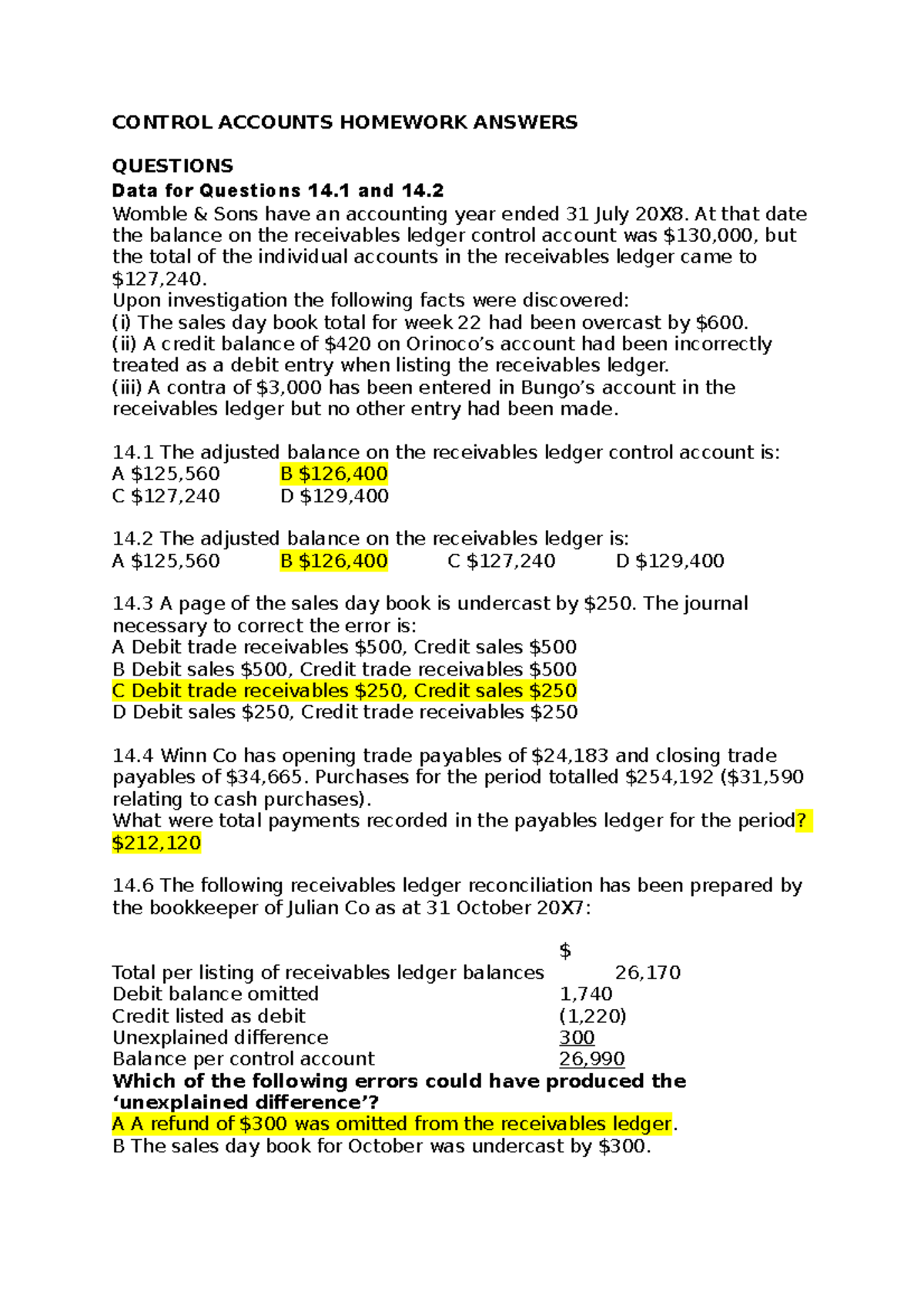 Control Accounts Homework Answers CONTROL ACCOUNTS HOMEWORK ANSWERS