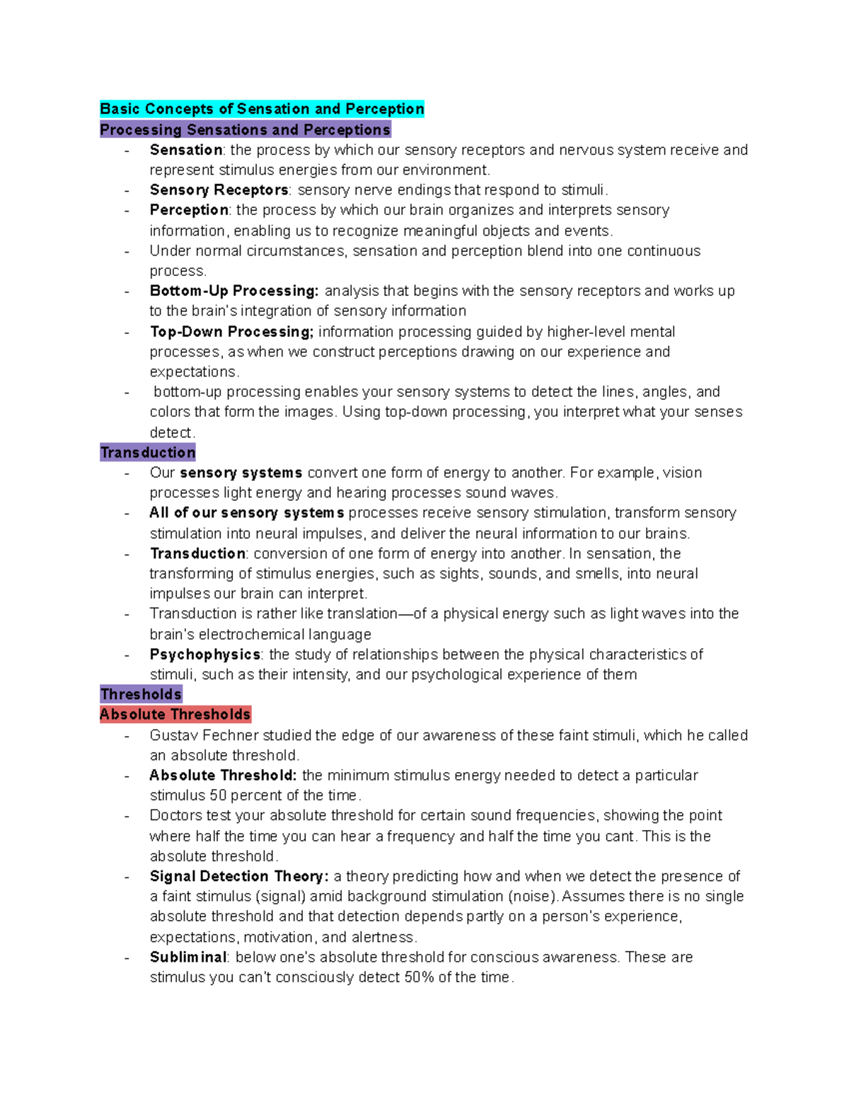 Chapter Six from "Psychology" (Myers) Basic Concepts of Sensation and