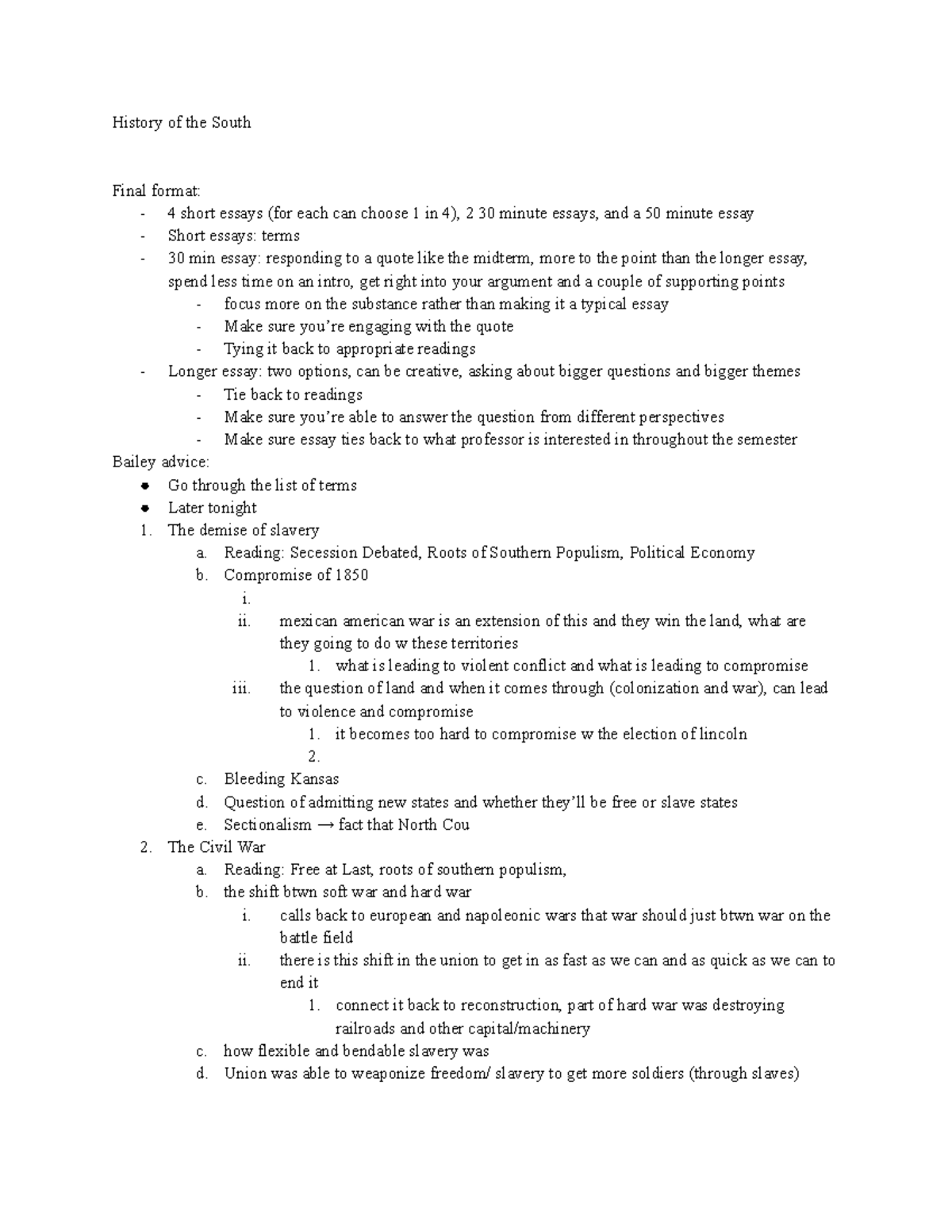Final review History of the South Final format 4 short essays (for