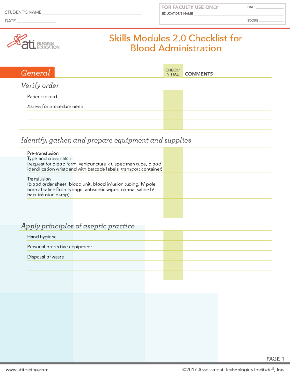 ATI Skills Checklist blood admin - EDUCATOR IMPLEMENTATION GUIDE PAGE 1 ...